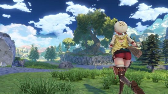 Games like Stardew Valley - Atelier Ryza: The female protagonist runs through a colourful, anime landscape