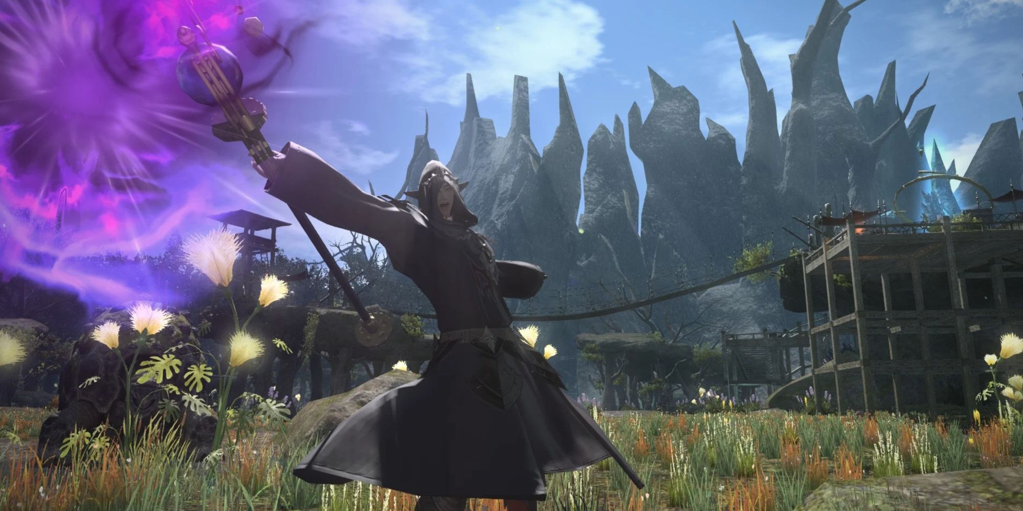 Black Mage standing in front of rock formation in Final Fantasy XIV: A Realm Reborn.