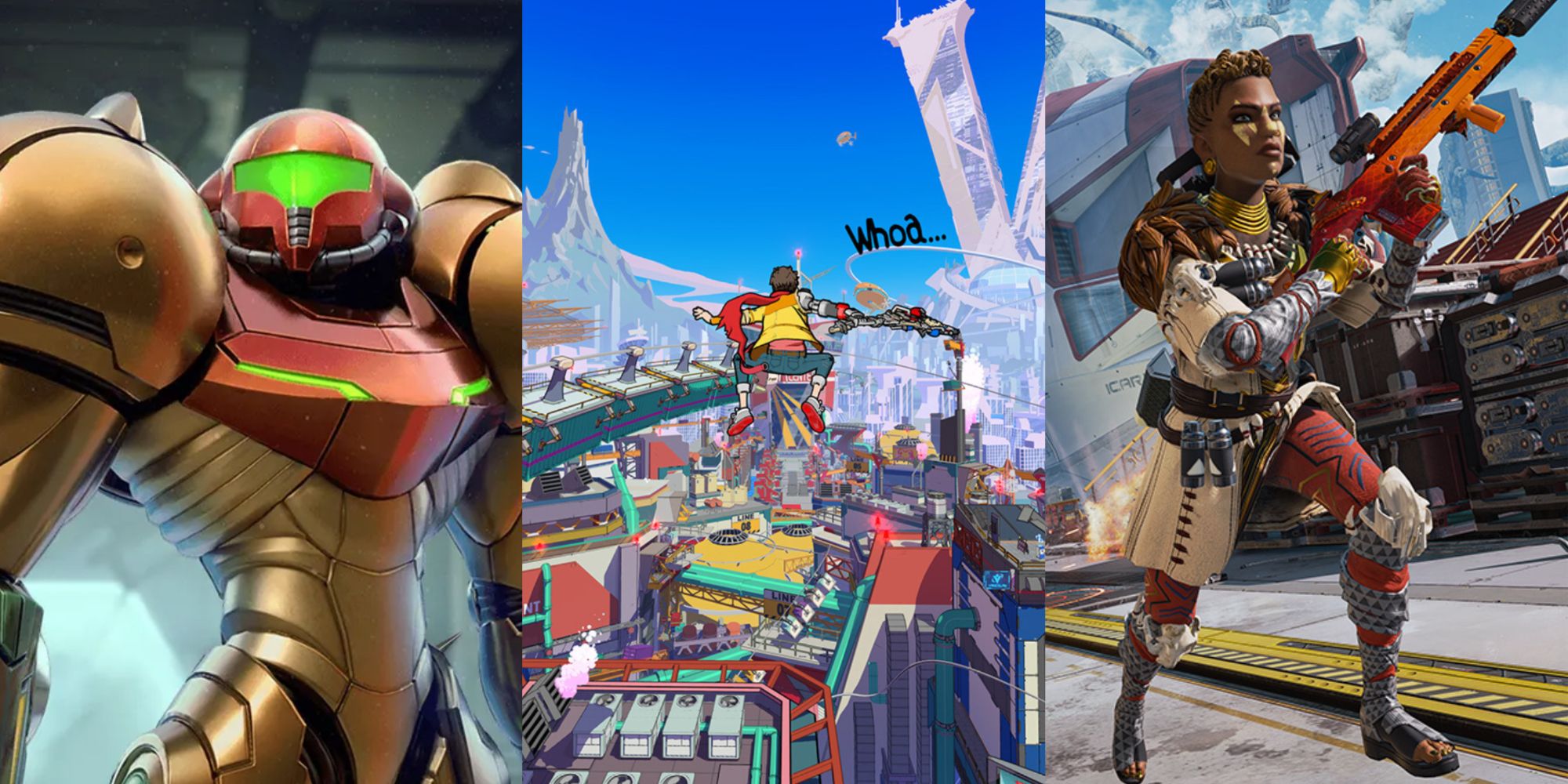 Collage of Metroid Prime Remastered, Hi-Fi Rush, and Apex Legends