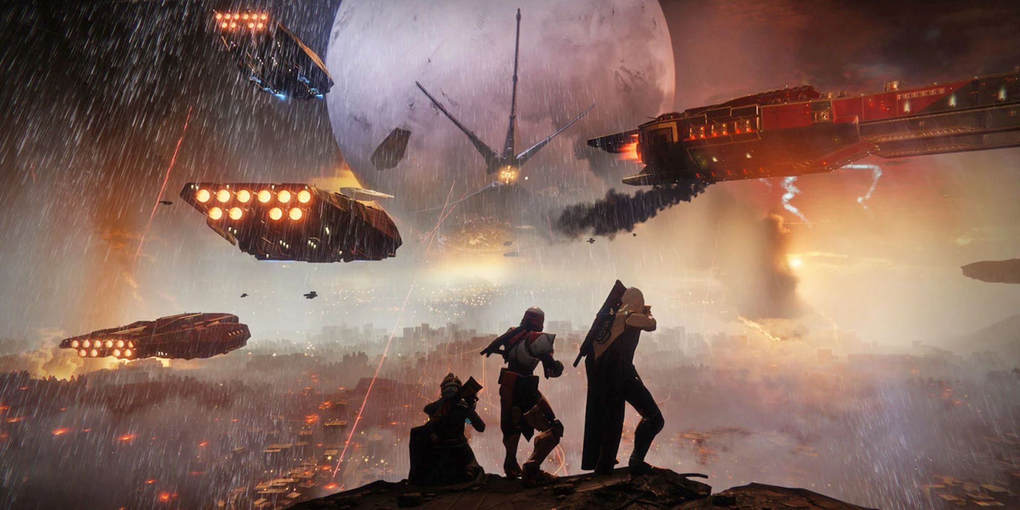 Warlock, Hunter and Titan looking out at spaceship battle above The Last City with The Traveller in the background in Destiny 2.