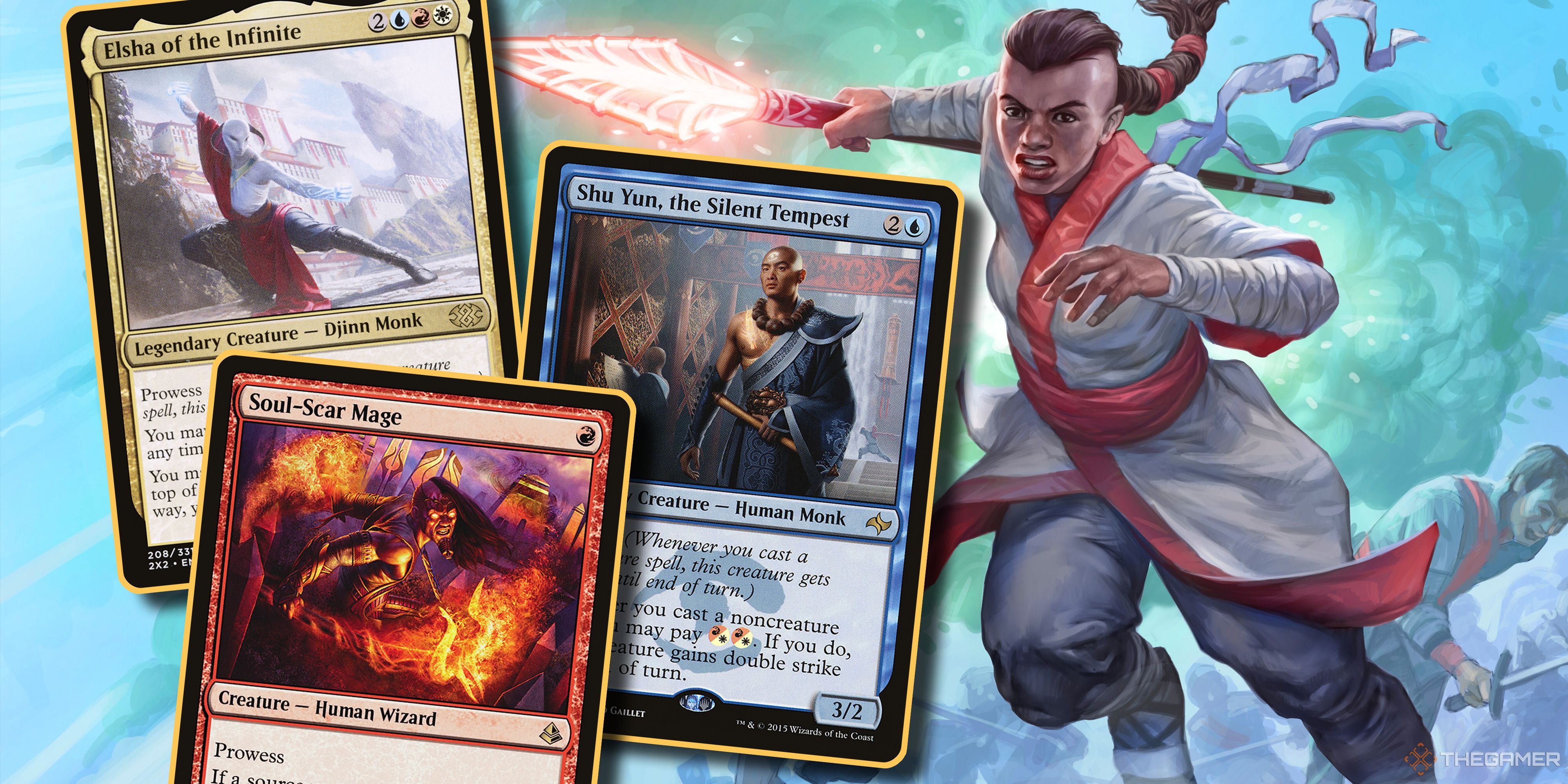 Cover image Magic The Gathering Prowess Explained featuring Monastery Swiftspear art and several cards with prowess.