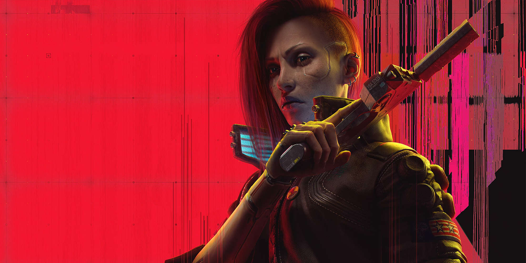 The main cover art for Cyberpunk 2077: Phantom Liberty, featuring female V holding a gun.