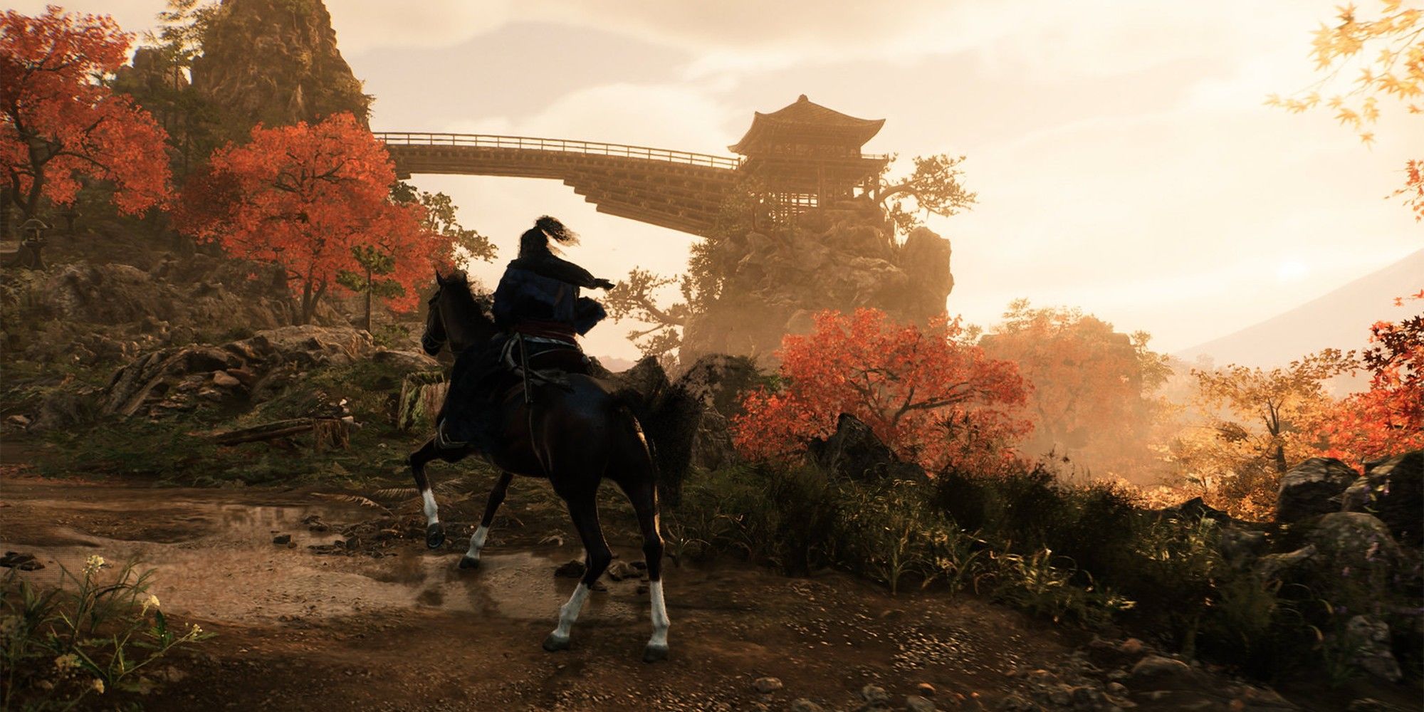 Ronin Riding A Horse Across Rise Of The Ronin's Open-World Of Feudal Japan.