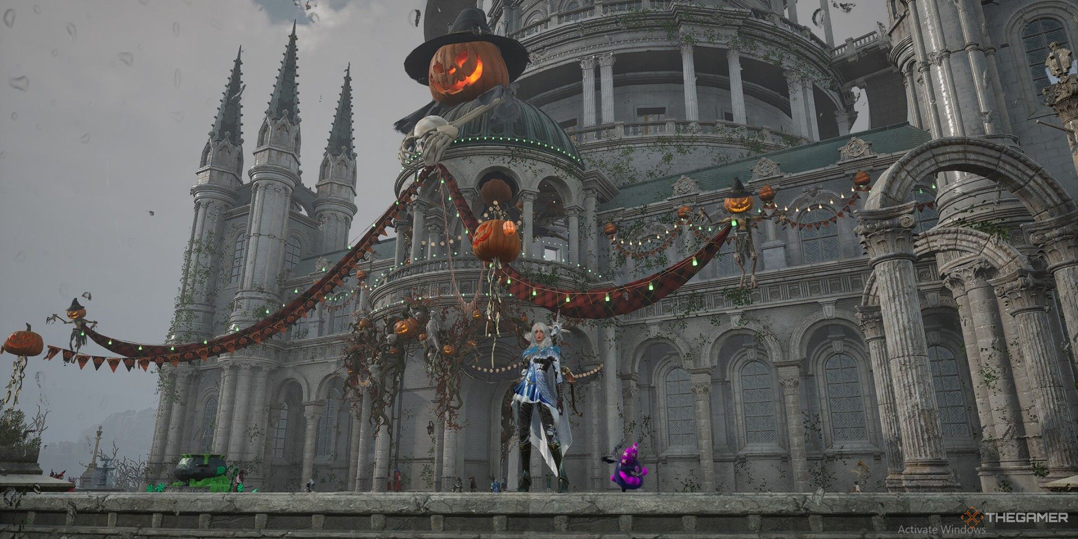 A player standing in front of the  Purelight Hill Tower in Thorne and Liberty.