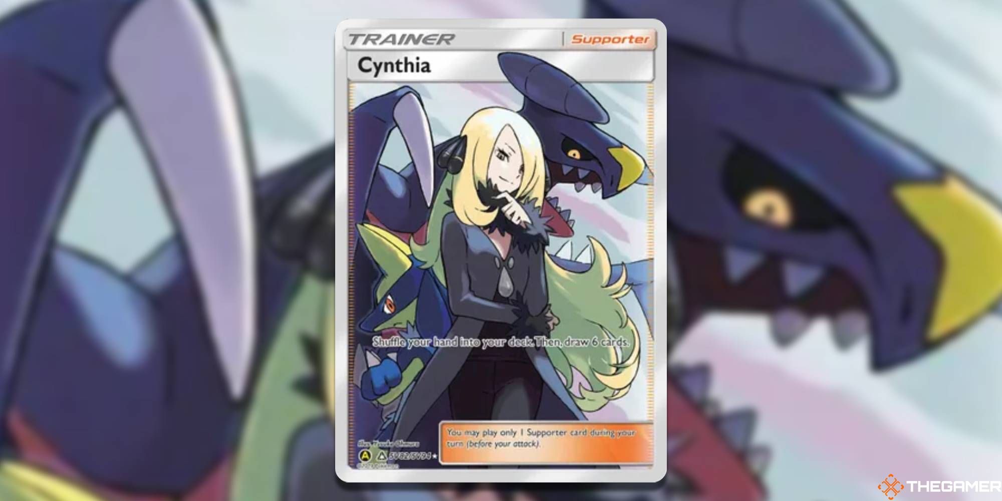 Full Art Cynthia from Hidden Fates: Shiny Vault with blurred background from the Pokemon TCG.