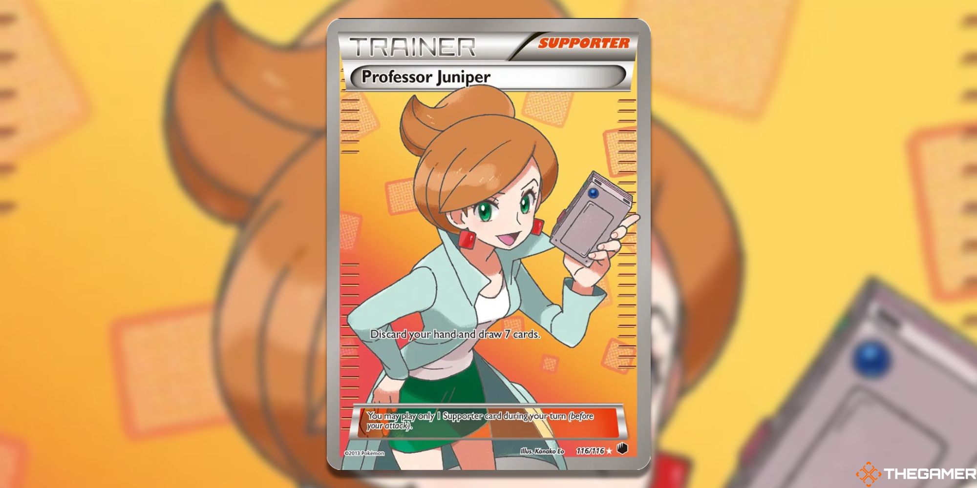 The Full Art Professor Juniper from Plasma Freeze with blurred background from the Pokemon TCG.