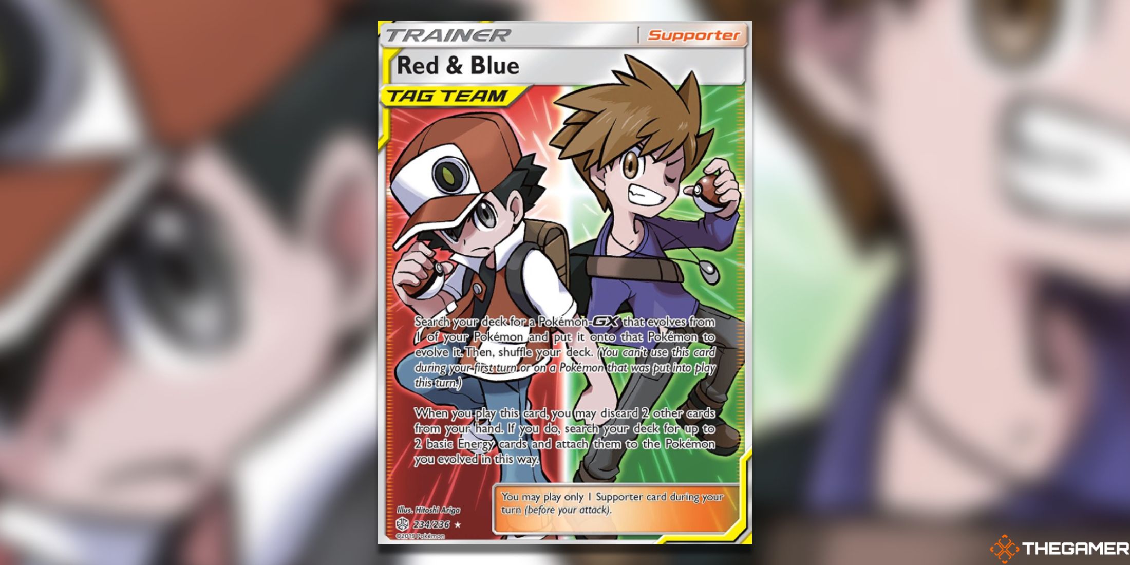 The Full Art Trainer Red And Blue from the Pokemon TCG.