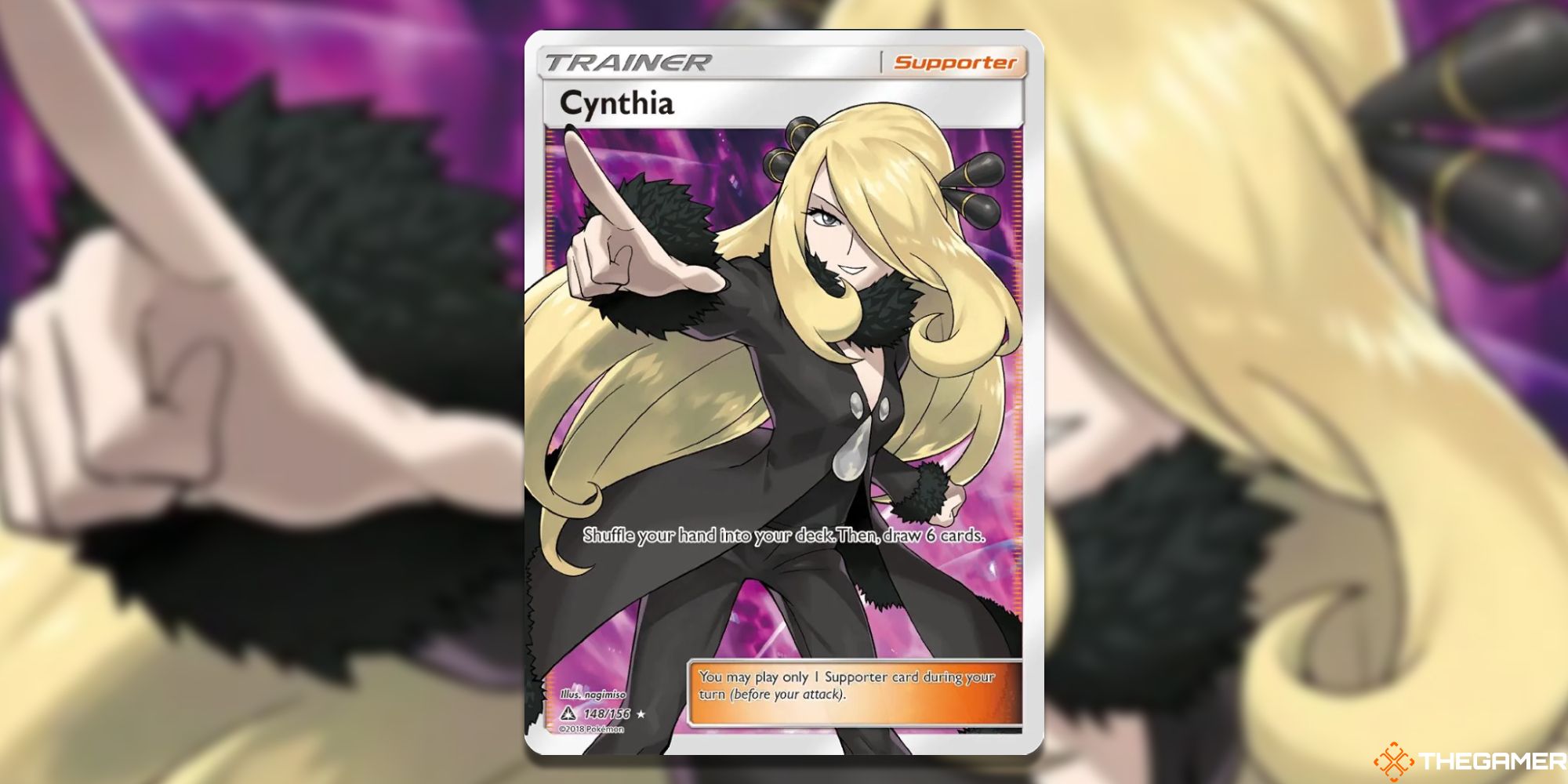 The Full Art Cynthia from Ultra Prism with blurred background from the Pokemon TCG.