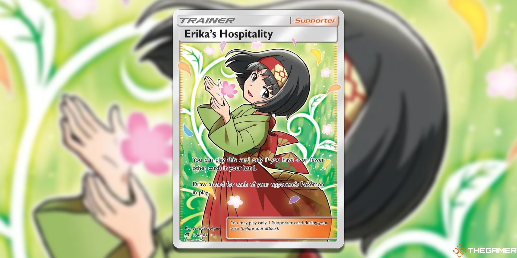 The Full Art Erika's Hospitality from SM-Team Up with blurred background from the Pokemon TCG.