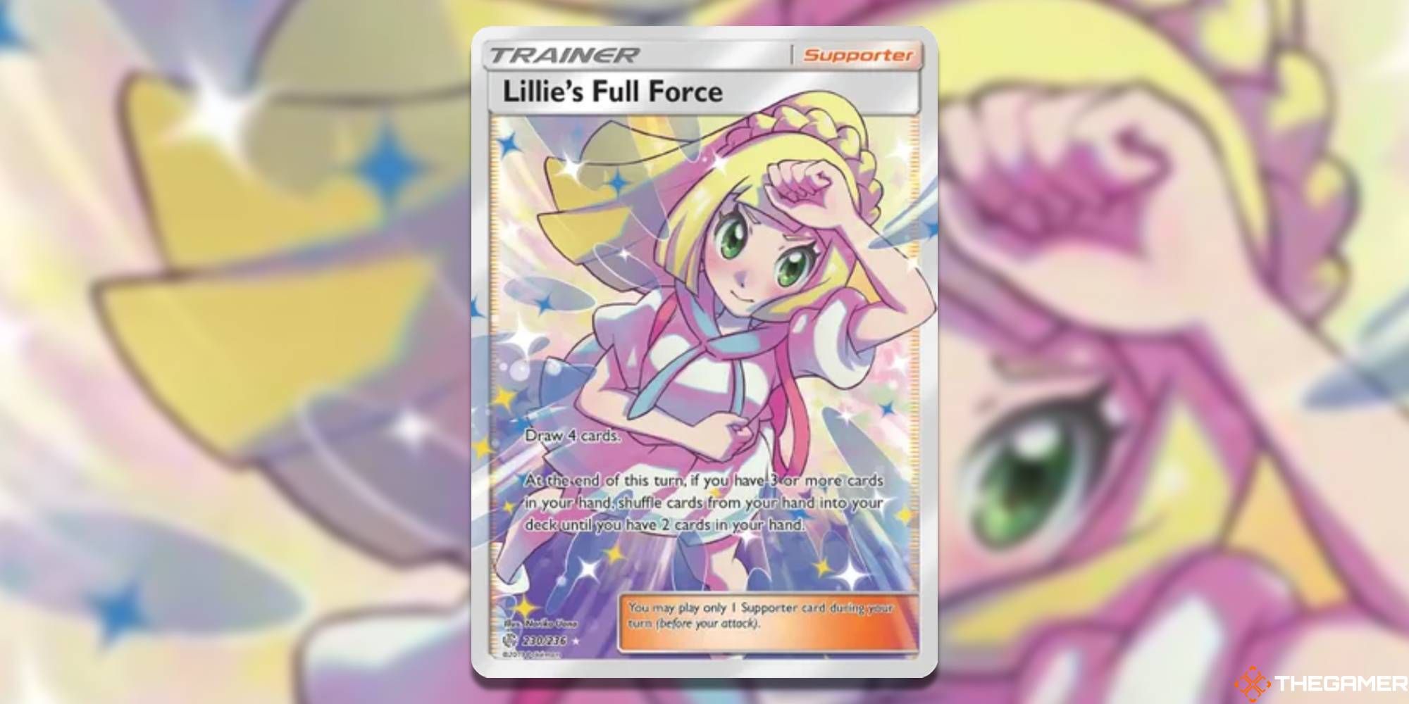 The Full Art Lillie's Full Force from SM-Cosmic Eclipse with blurred background from the Pokemon TCG.