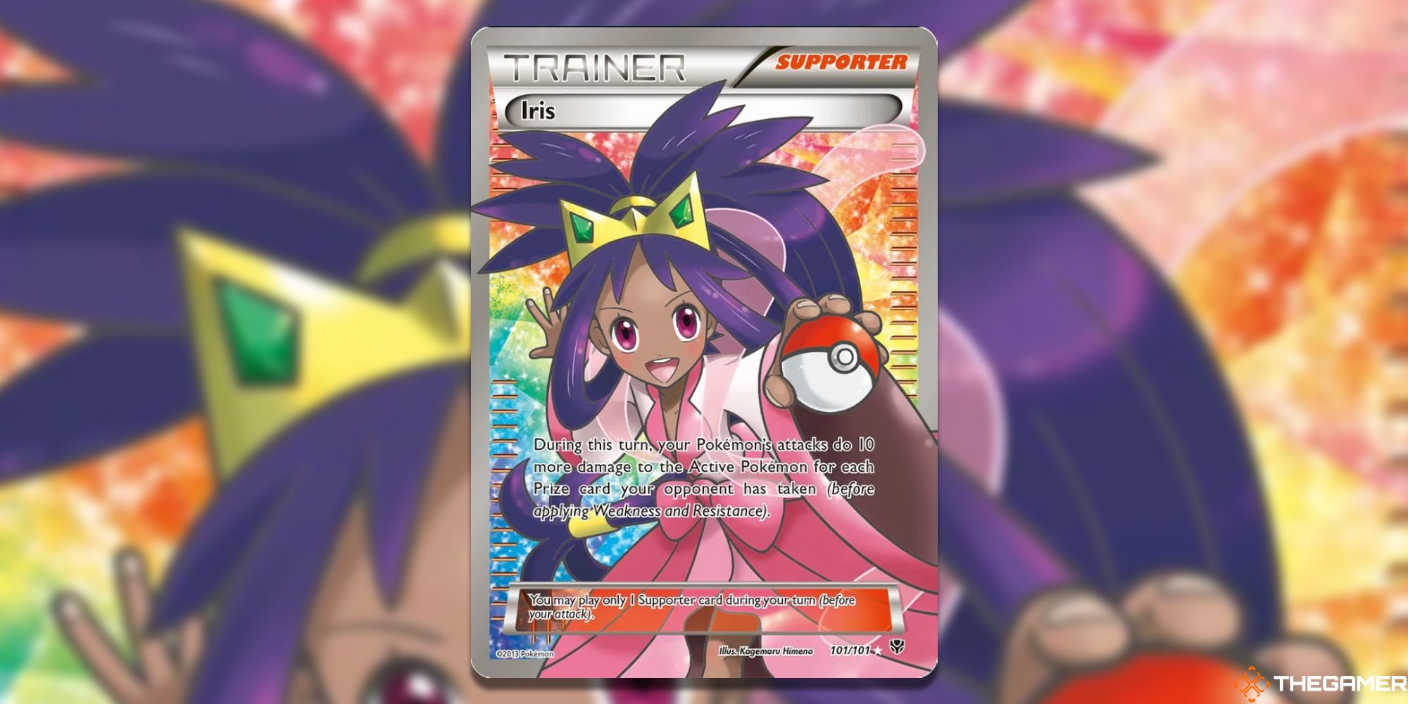 The Full Art Iris from Plasma Blast with blurred background from the Pokemon TCG.