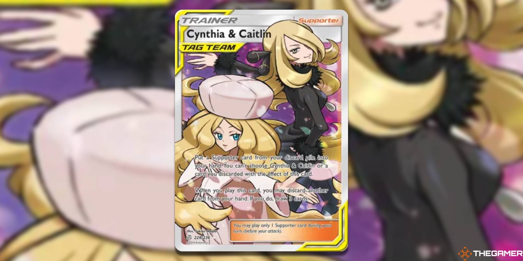 The Full Art Cynthia & Caitlyn Tag Team from -Cosmic Eclipe with blurred background from the Pokemon TCG.