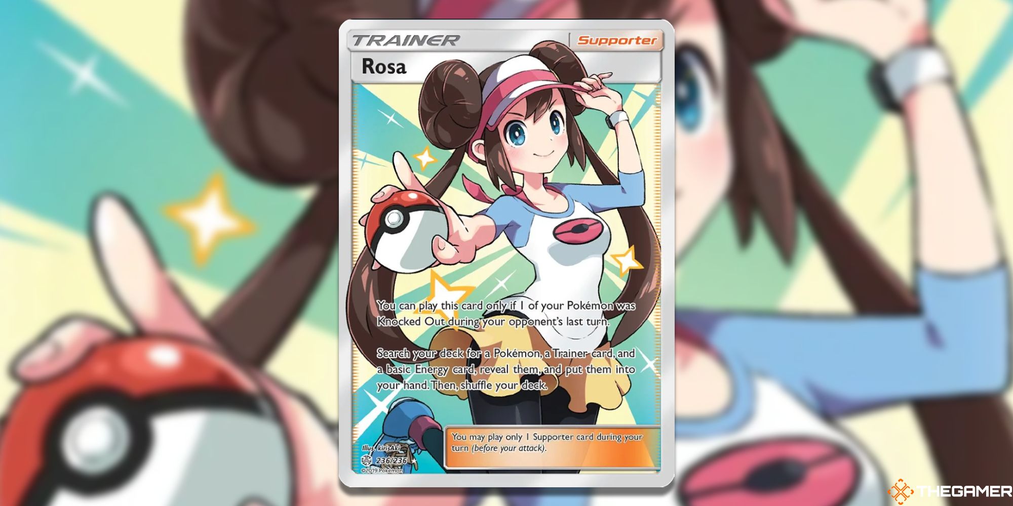 The Full Art Rosa from Cosmic Eclipse with blurred background from the Pokemon TCG.