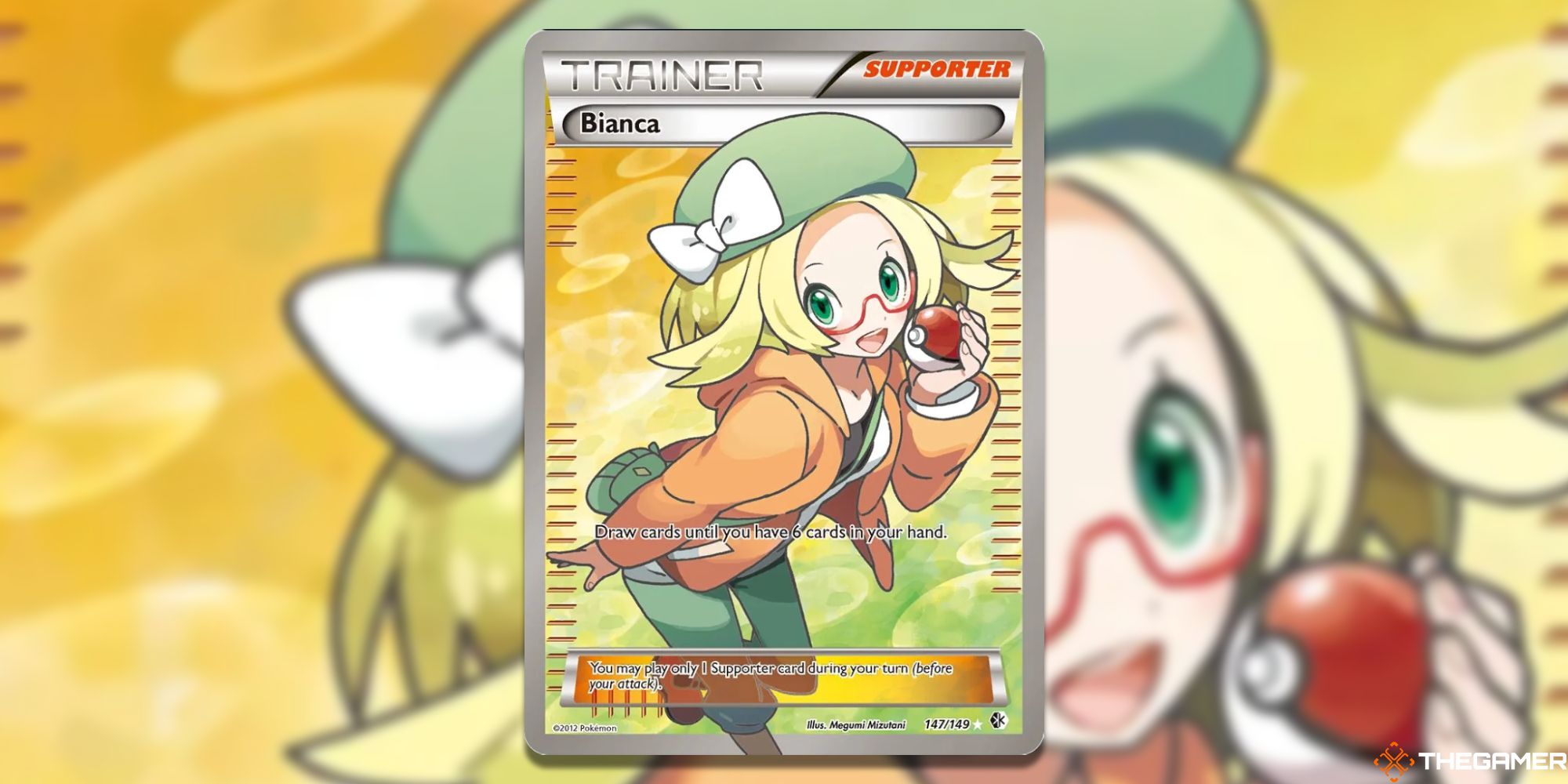 The Full Art Bianca from Boundaries Crossed with blurred background from the Pokemon TCG.