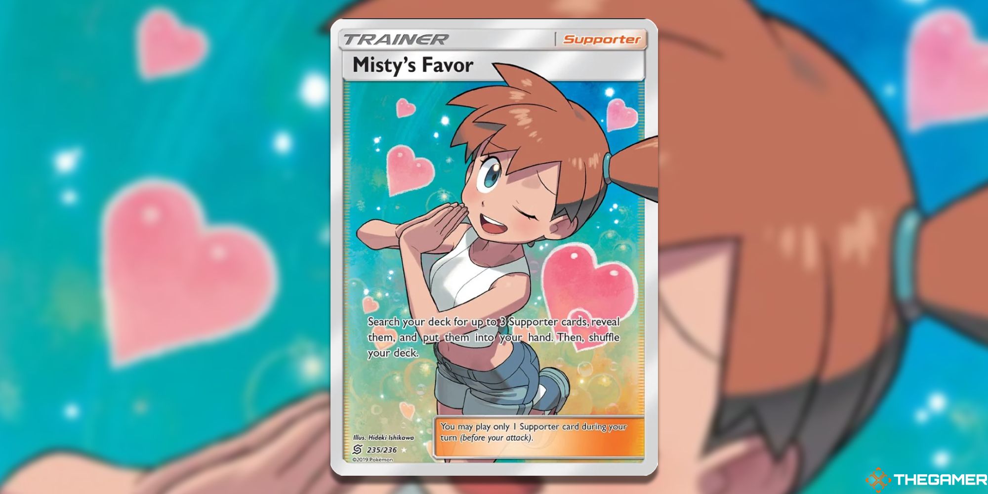 The Full Art Misty's Favor from Unified Minds with blurred background  from the Pokemon TCG.