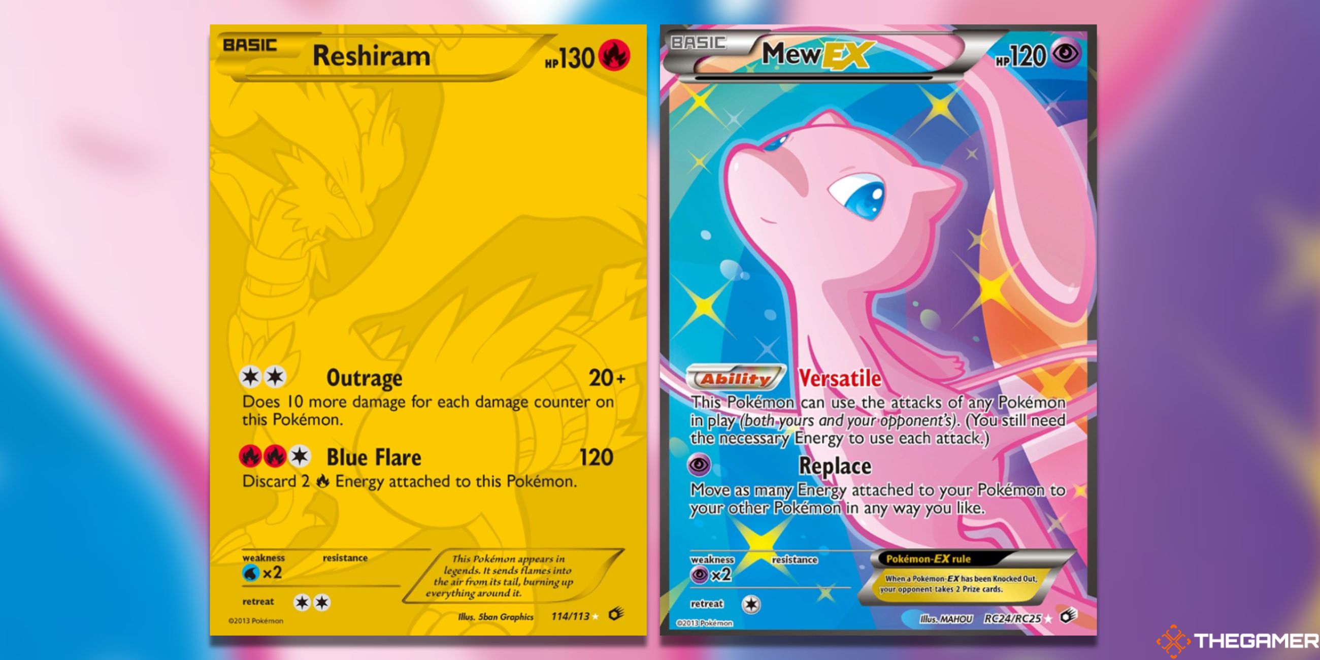 The Reshriam Full Art Secret Rare and Mew EX Full Art from Legendary Treasures in the Pokemon TCG.