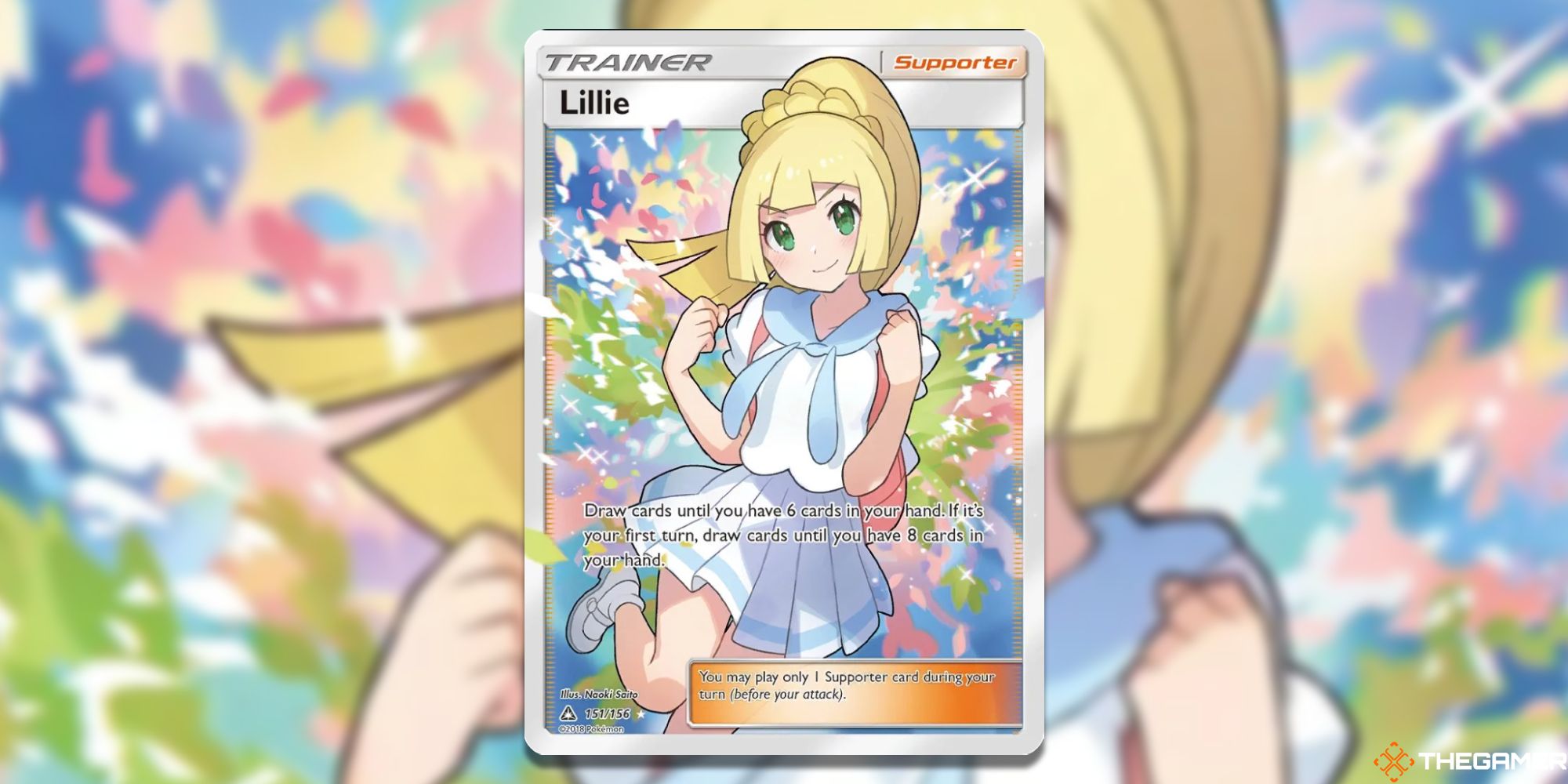 The Full Art Lillie from Ultra Prism with blurred background from the Pokemon TCG.