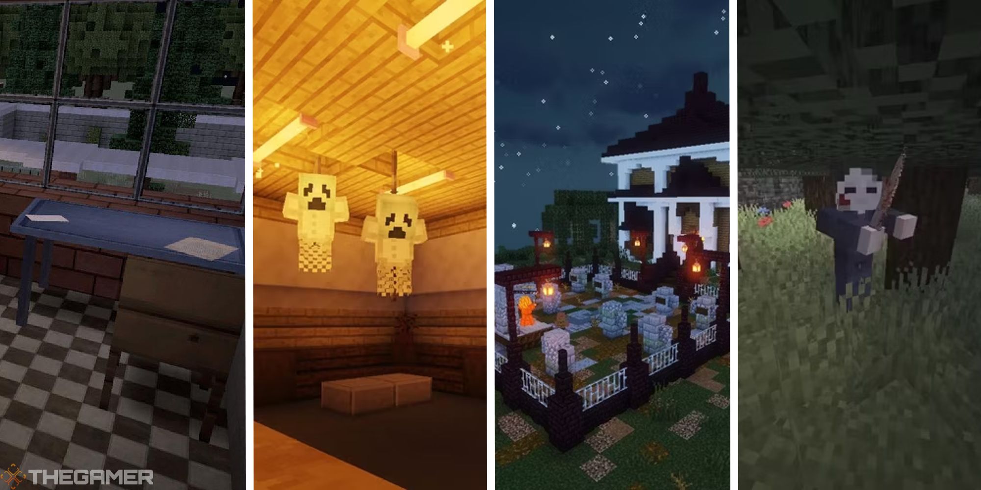 split image showing four horror minecraft maps