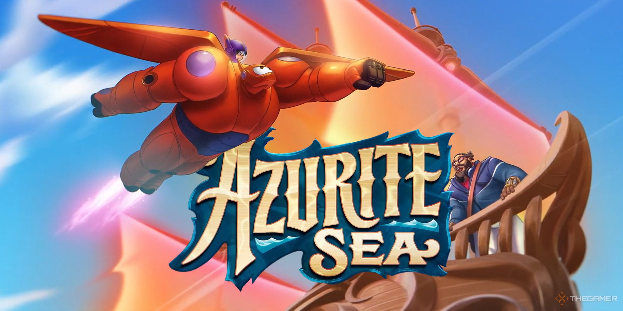 Baymax flying over the Azurite Sea logo for Lorcana.