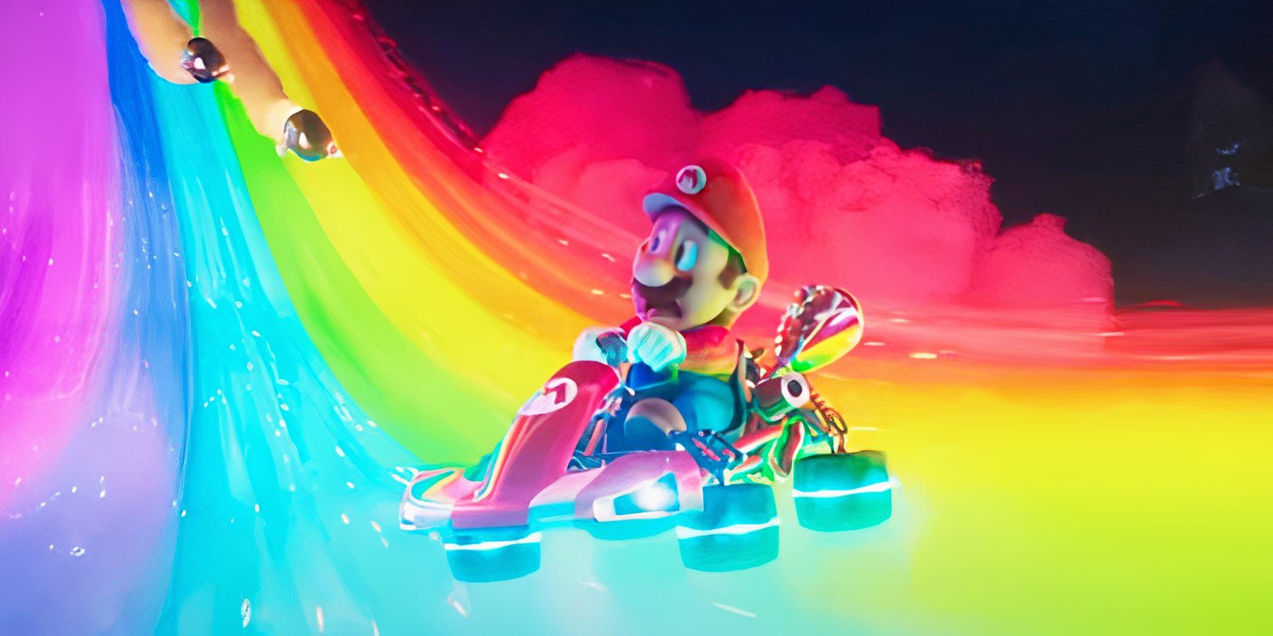 Mario on the Rainbow Road in Super Mario Bros Movie 