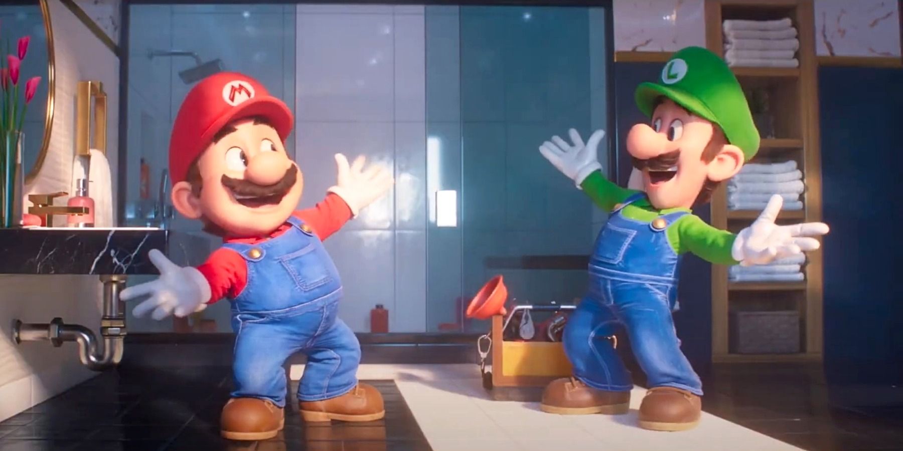 The Super Mario Bros. Movie Luigi happy in bathroom