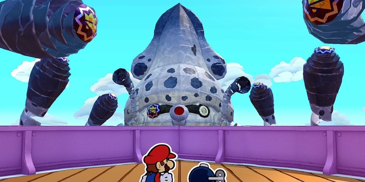 Origami Kin Gooper Blooper confronted by Paper Mario