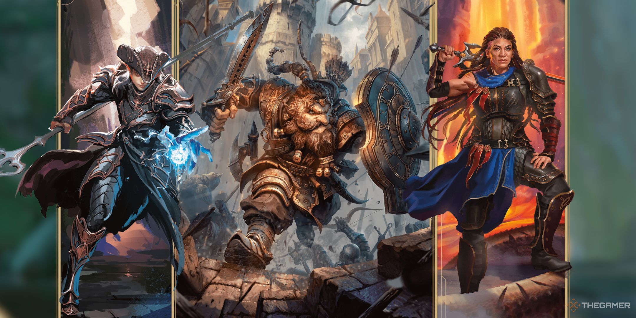 Dungeons & Dragons art of an eldritch knight, a dwarven fighter, and a human champion on a blurred background.