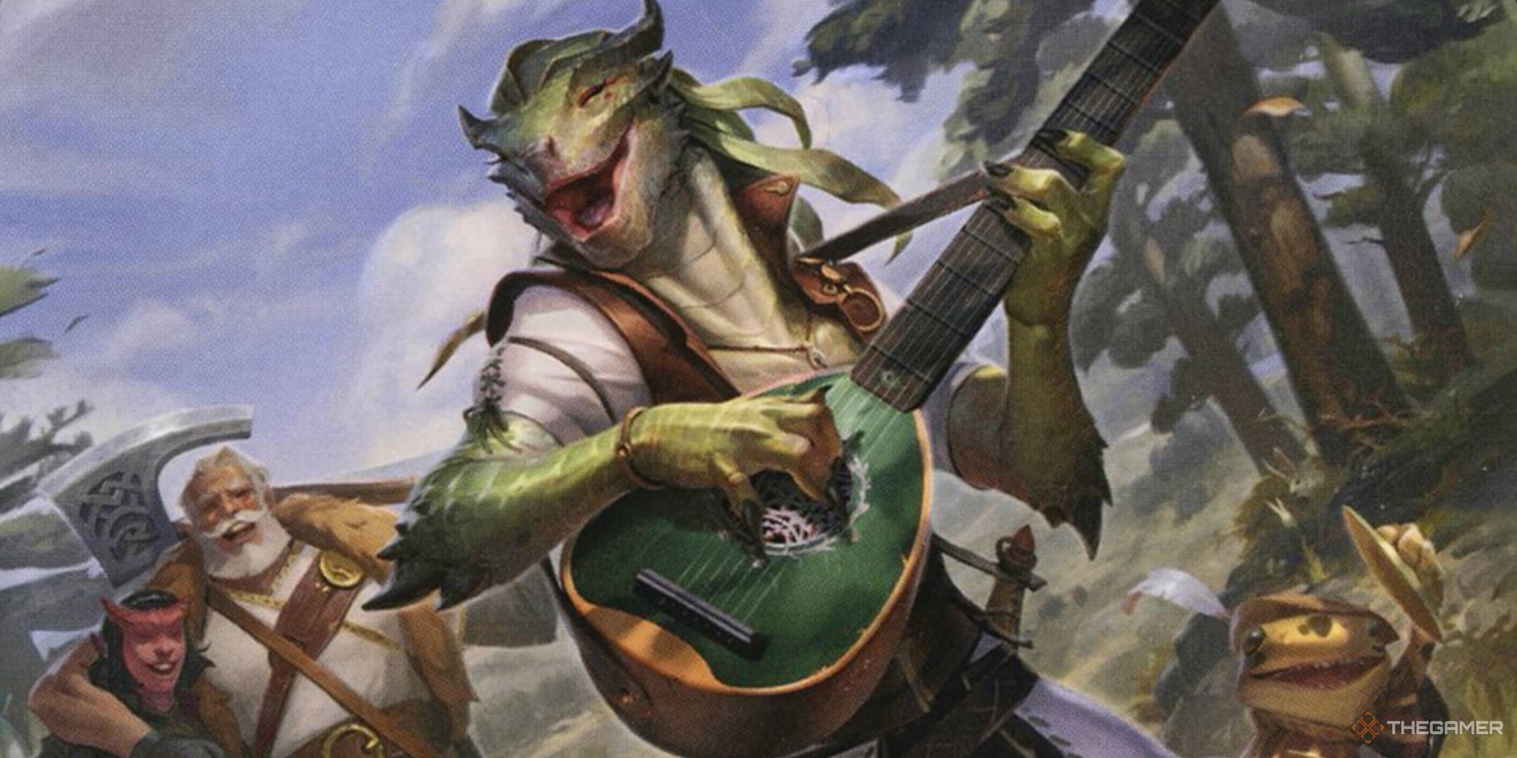 A Dragonborn Bard sings and plays while travelling with companions.