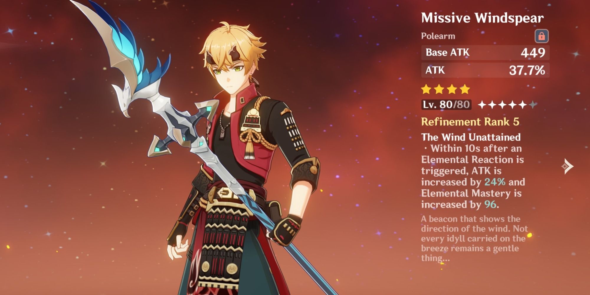 An image of Thoma holding the Missive Windspear in Genshin Impact, and the stats of the weapon. 