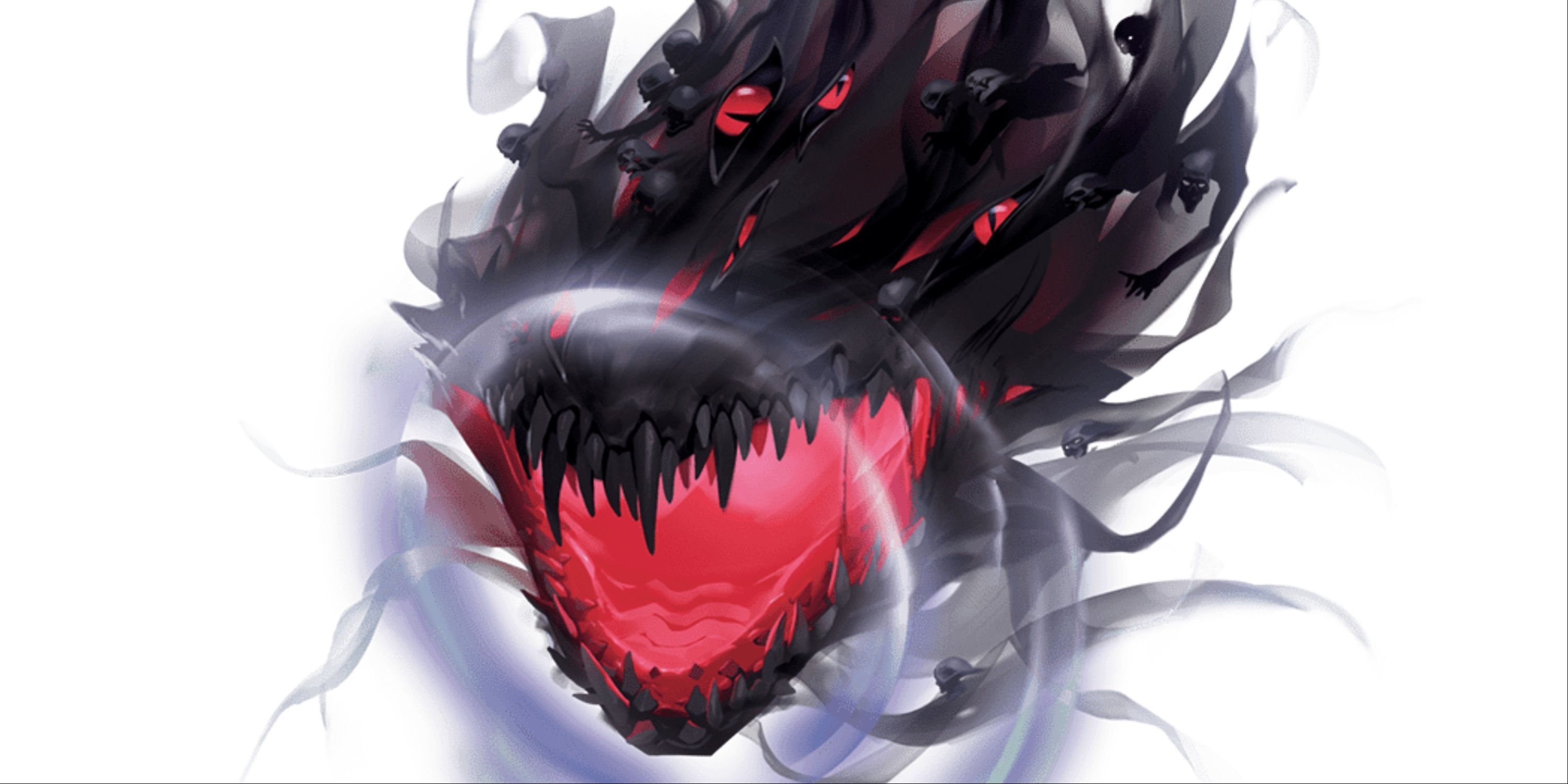 A shadowy creature with multiple red eyes and a grinning toothy maw, red light emanating from inside the open mouth.