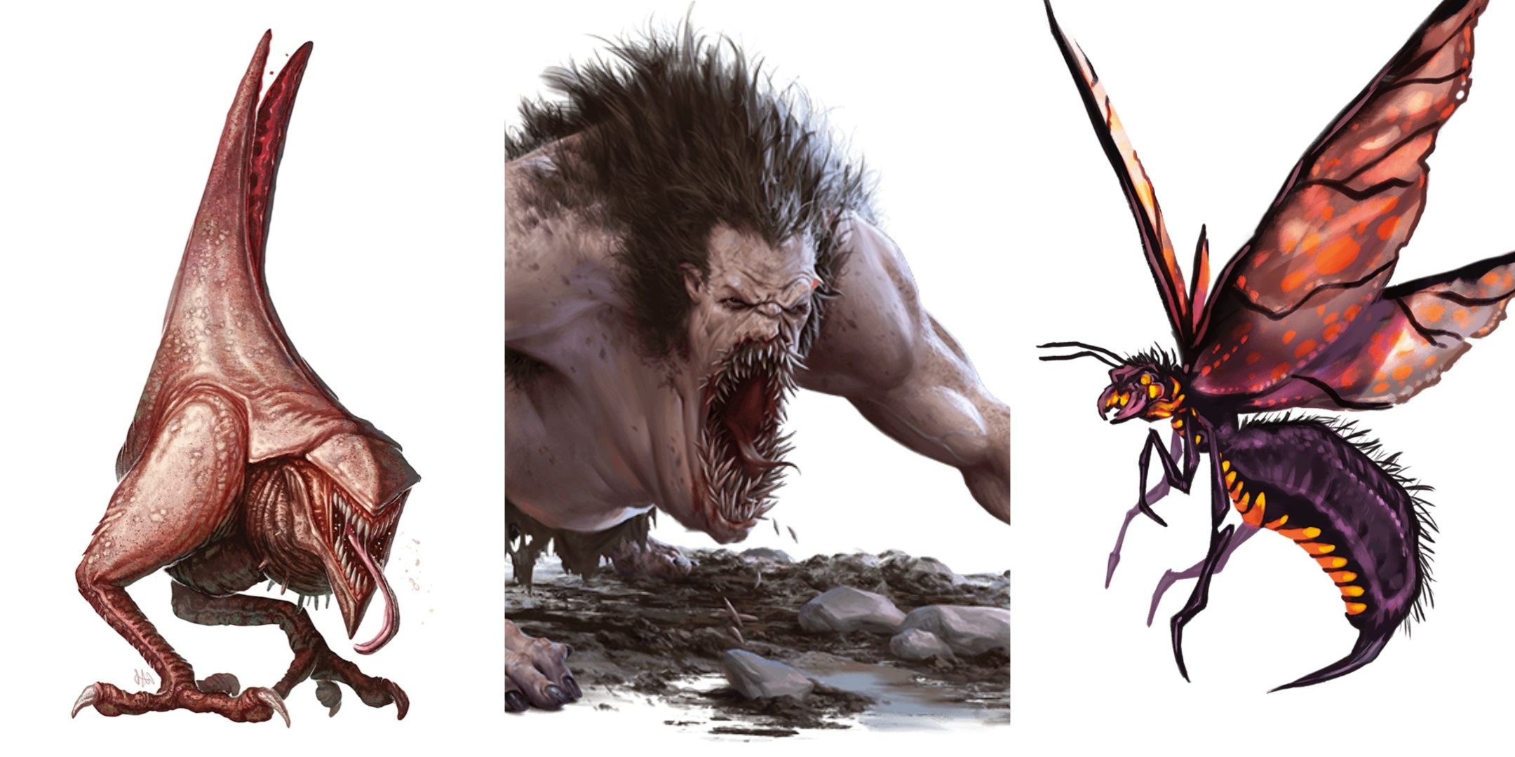 A collage of Dungeons & Dragons artwork. From left to right the Abyssal Chicken, Maw of Yeenoghu and the Hellwasp.