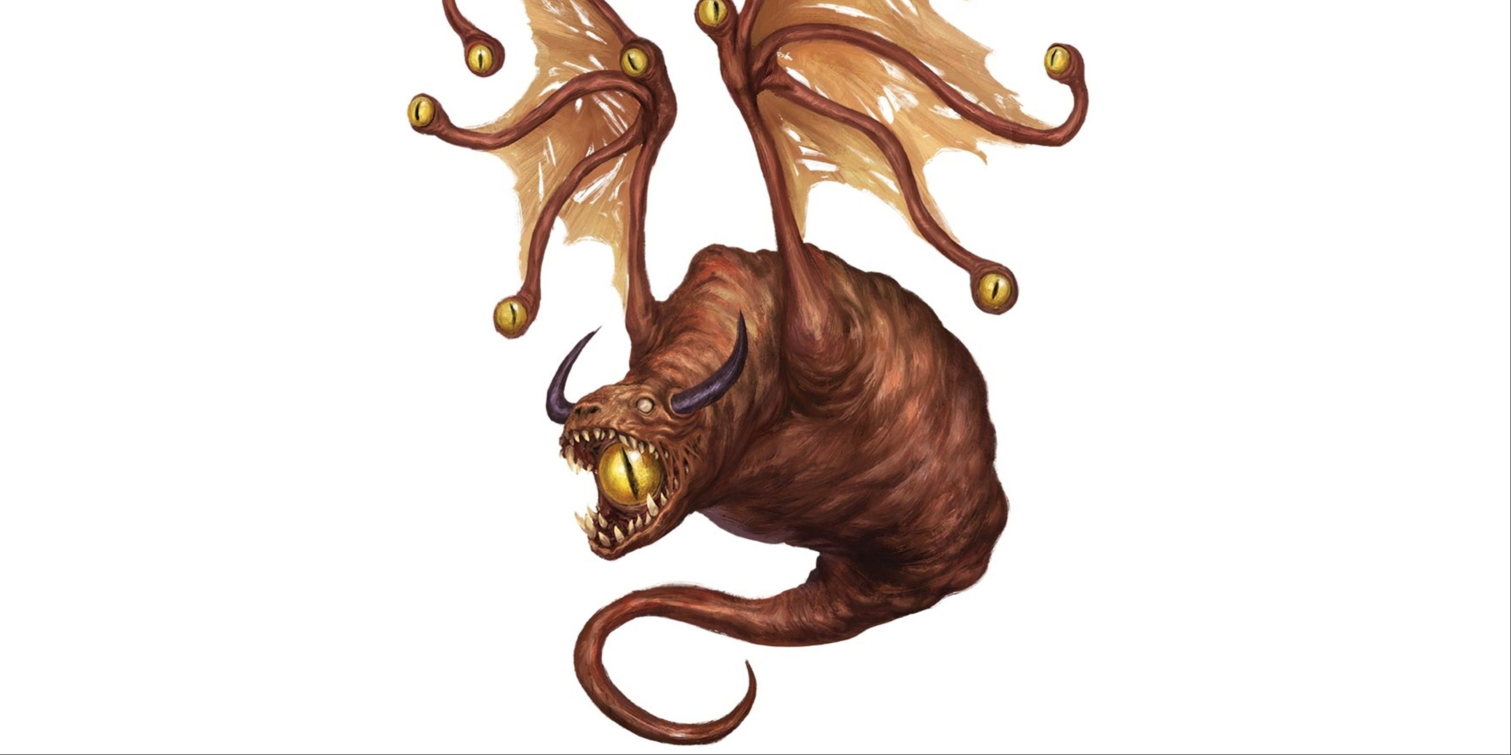 A swollen grub-like creature with the head of a dragon. A large yellow eyeball is inside the mouth, and tendril-like wings extend from the back with yellow eyes on the ends of the stalks.