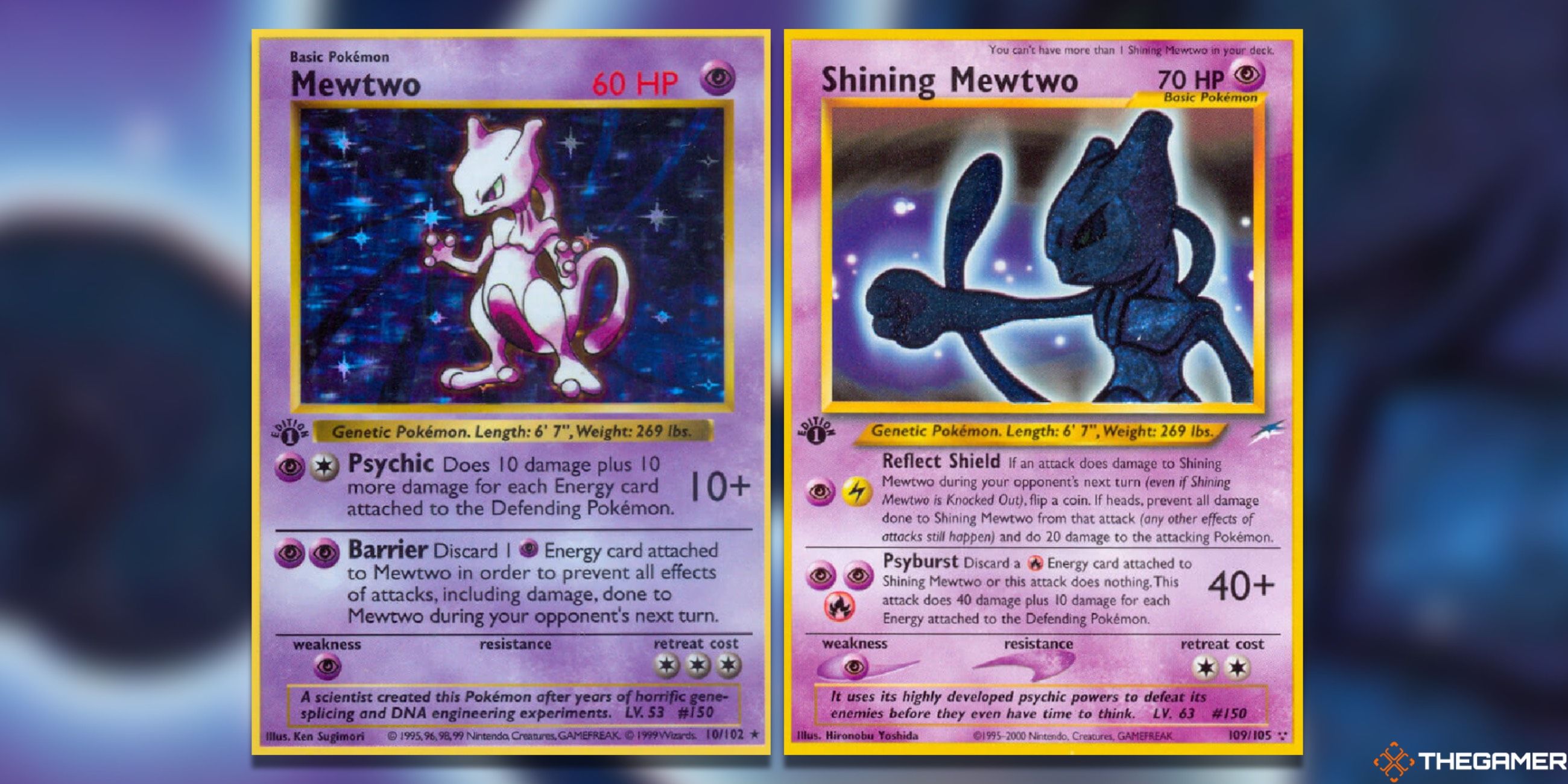 The base set Mewtwo and Shining Mewtwo from Neo Destiny in the Pokemon TCG.