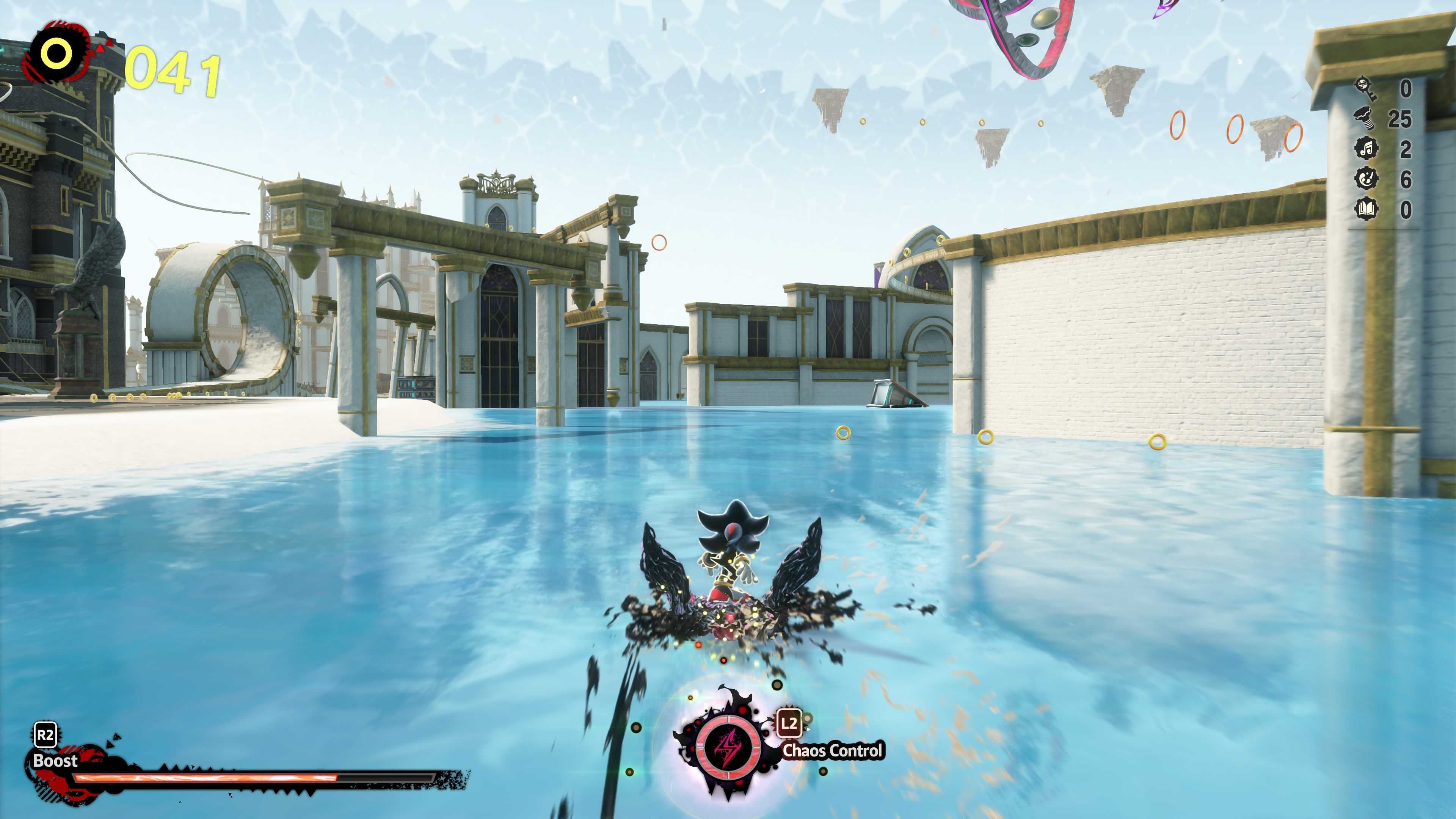 Shadow surfing on a body of water via the Doom Surf ability in Shadow Generations.