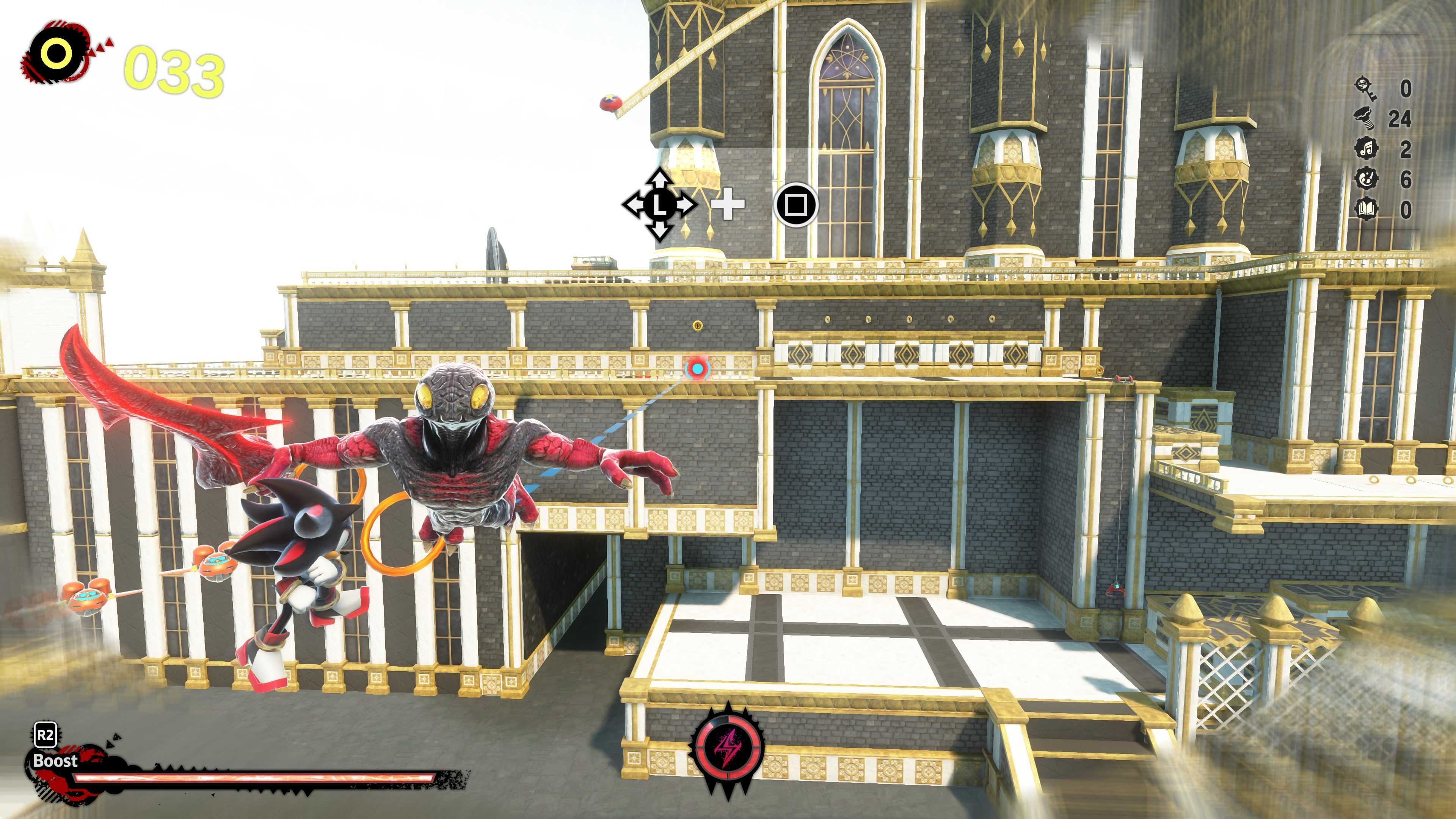 Shadow launches an enemy into the sky, and is choosing which direction to kick them in in Shadow Generations.