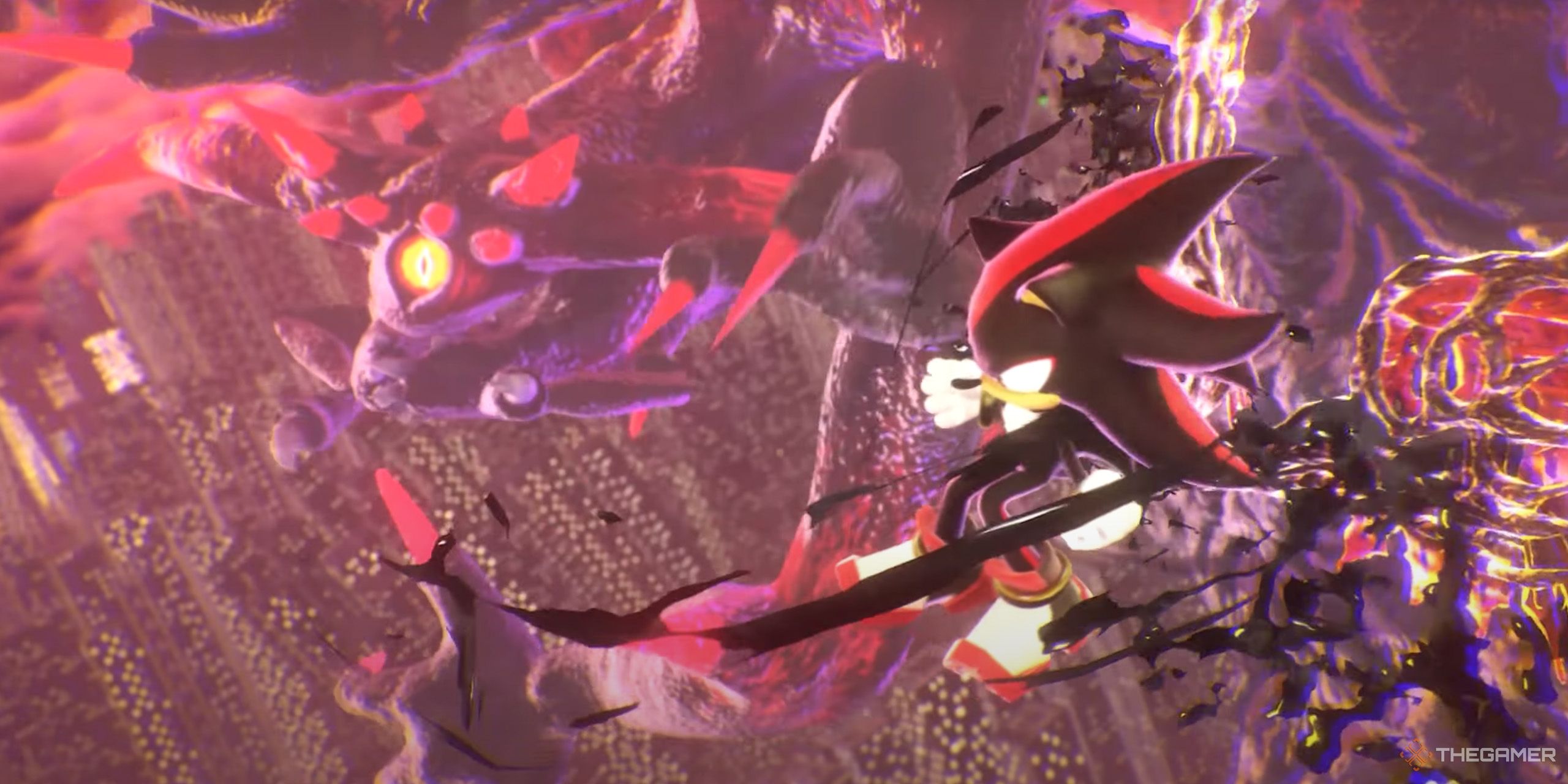 Shadow using Doom Wings to fly toward Neo Devil Doom in Sonic X Shadow Generations.