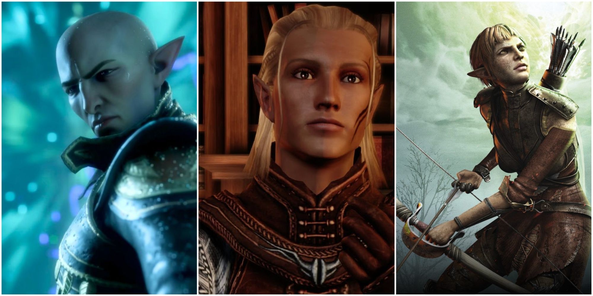 A collage of the elves Solas, Zevran and Sera from the Dragon Age series