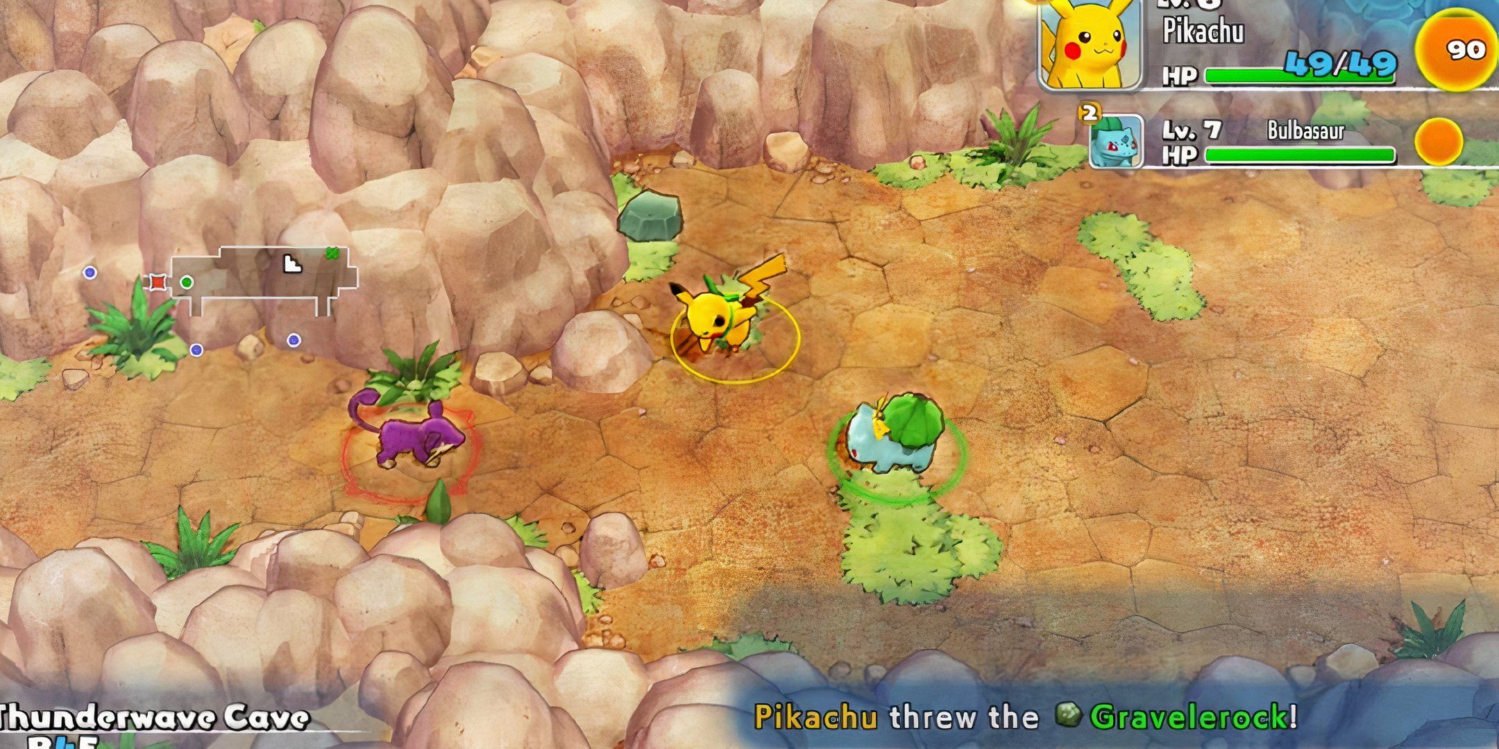 pikachu and bulbasaur from pokemon mystery dungeon attacking.