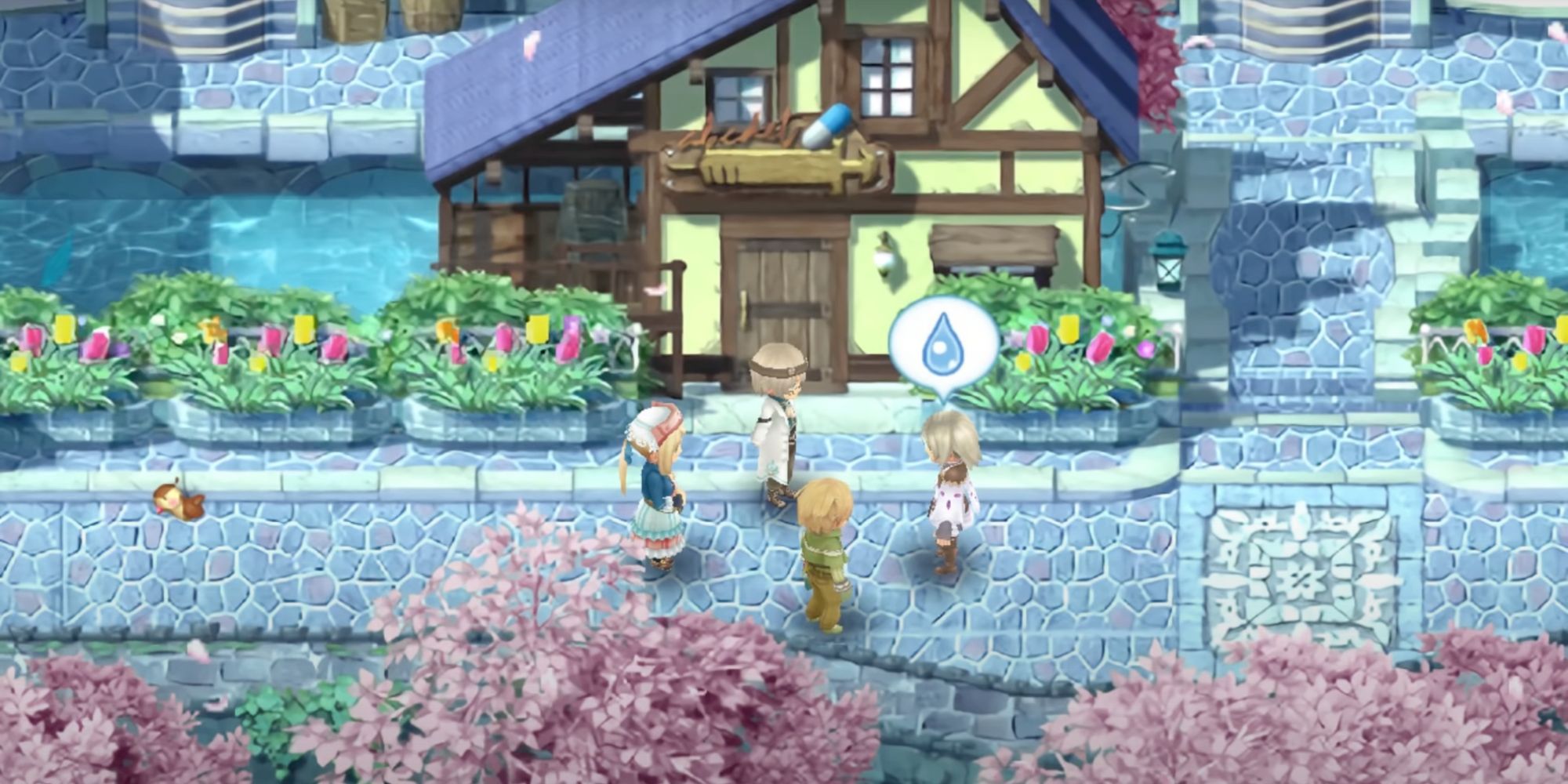 Nancy, Jones, Kiel, and Lest in front of clinic in Rune Factory 4 Special