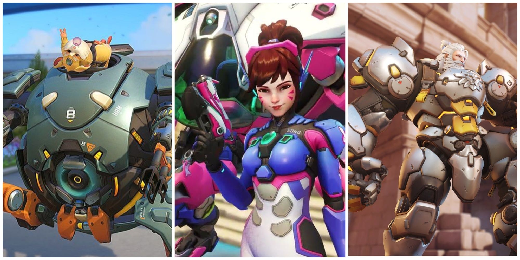 A collage of the Tank Heroes Wrecking Ball, D.Va and Reinhardt from Overwatch 2 