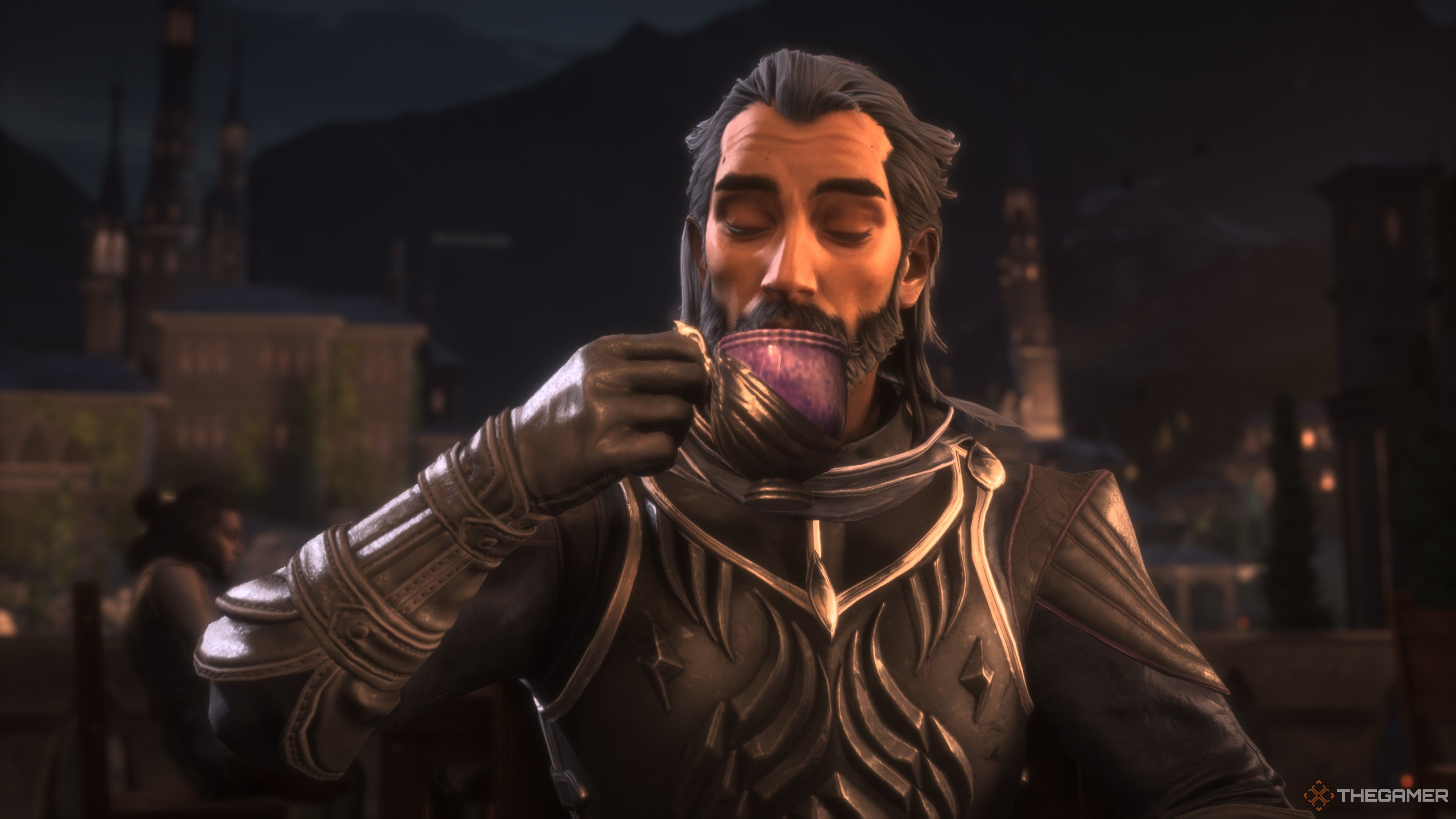 Lucanis drinking coffee in Treviso in Dragon Age The Veilguard