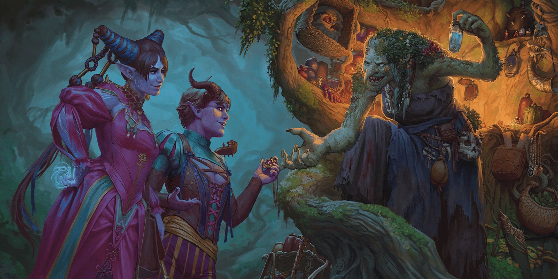 Dungeons & Dragons image showing two adventurers bartering with a hag.