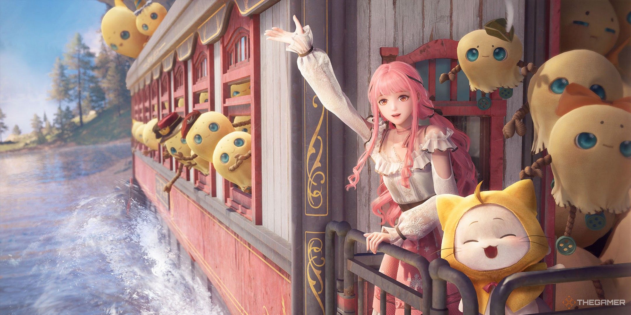 Nikki and Momo waving from a boat full of cute yellow creatures with hats in Infinity Nikki.