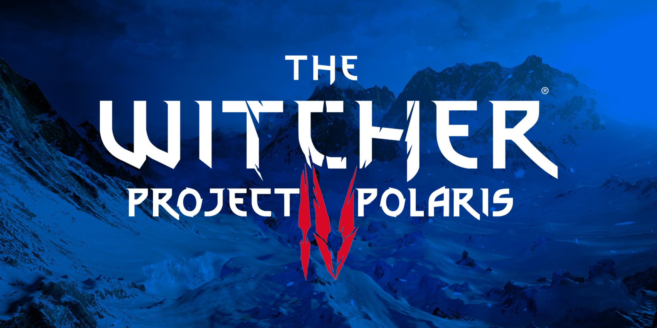 The Witcher 4 Project Polaris white logo over TW3 snowy landscape background