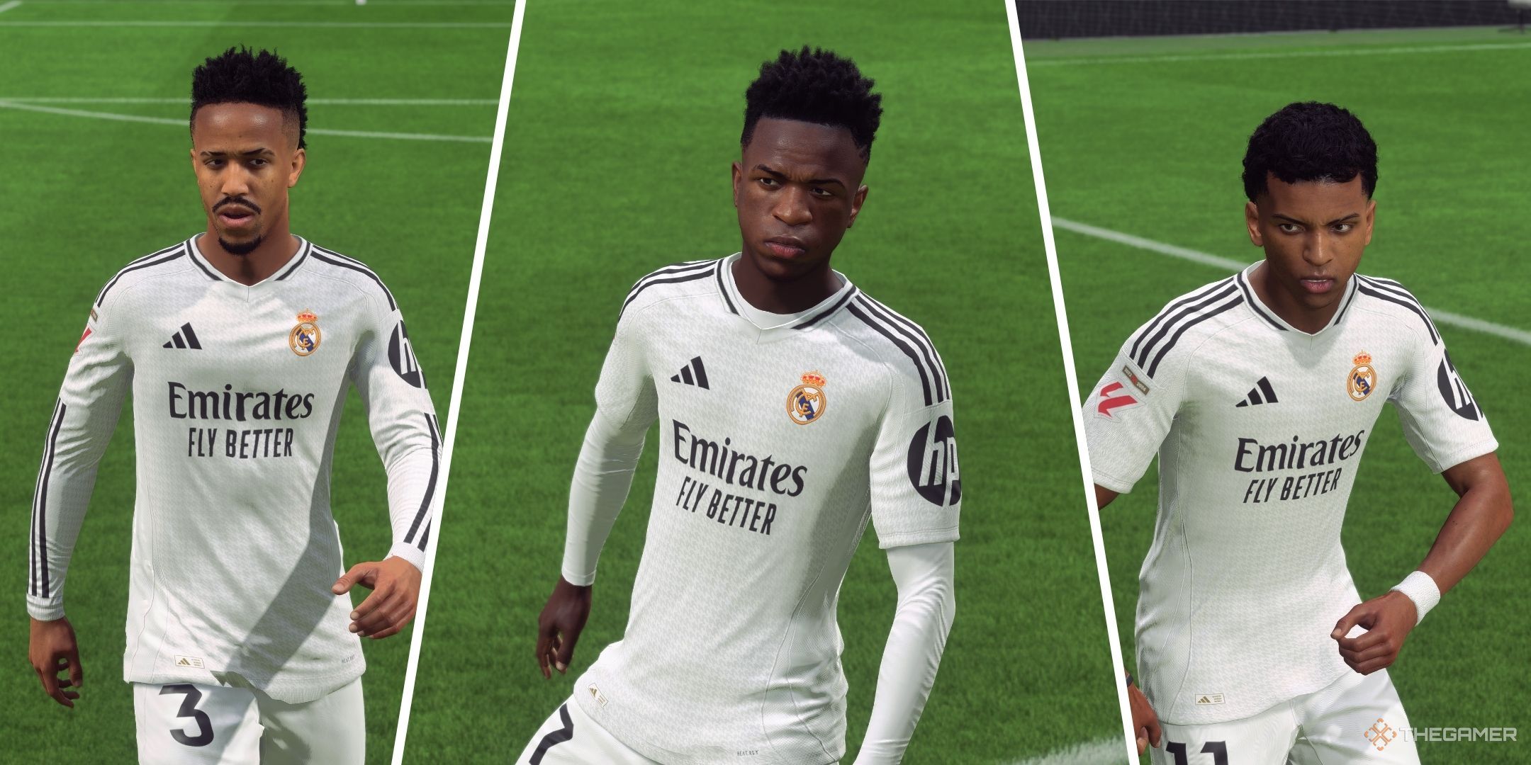 A split image of Eder Militao, Vini Jr, and Rodrygo in EA Sports FC 25.