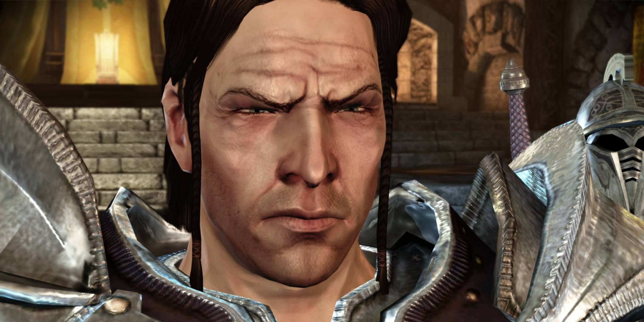 Loghain Mac Tir glaring at the Grey Warden during the Landsmeet in Dragon Age: Origins.