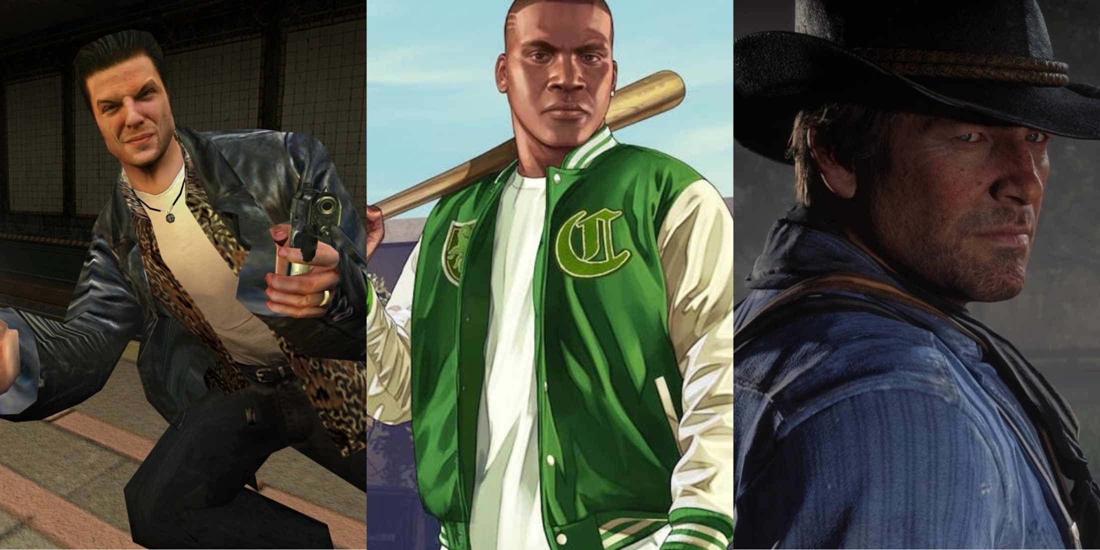 Stills from Max Payne, GTA V, and RDR2