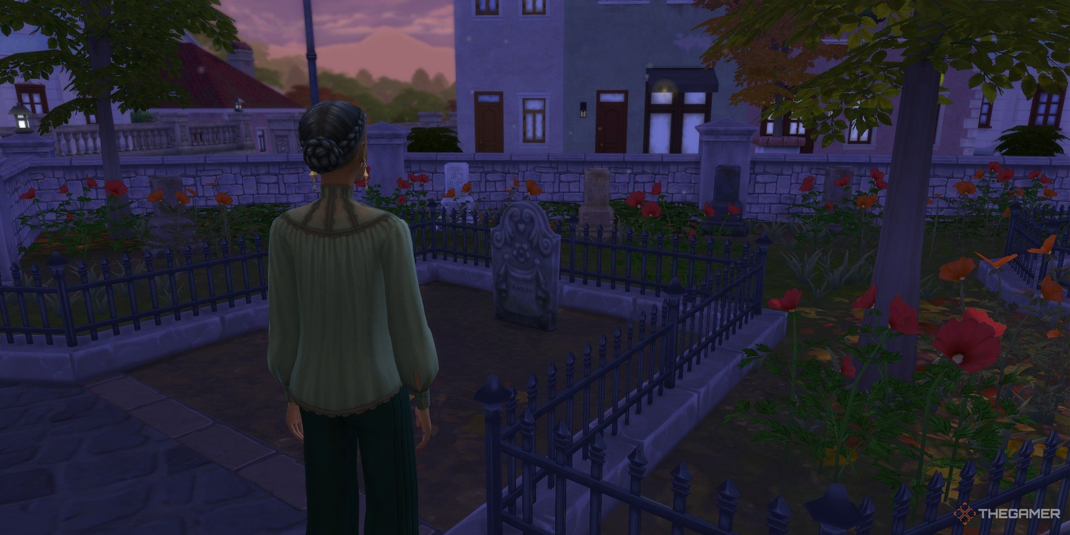 Olive Specter looking at one of her husbands' graves in The Sims 4 Life and Death.