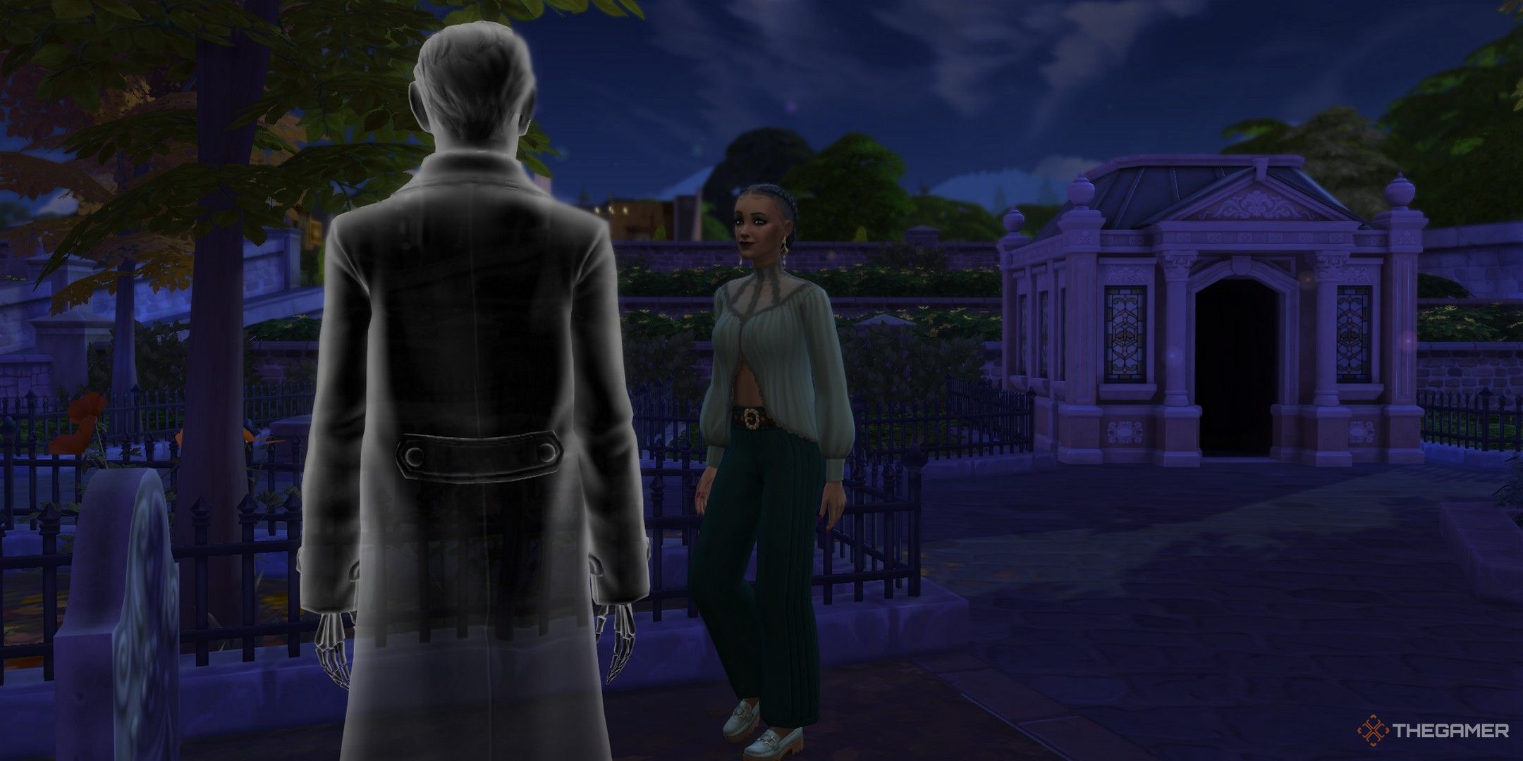 Olive Specter looking at a ghost near a crypt in The Sims 4 Life and Death.