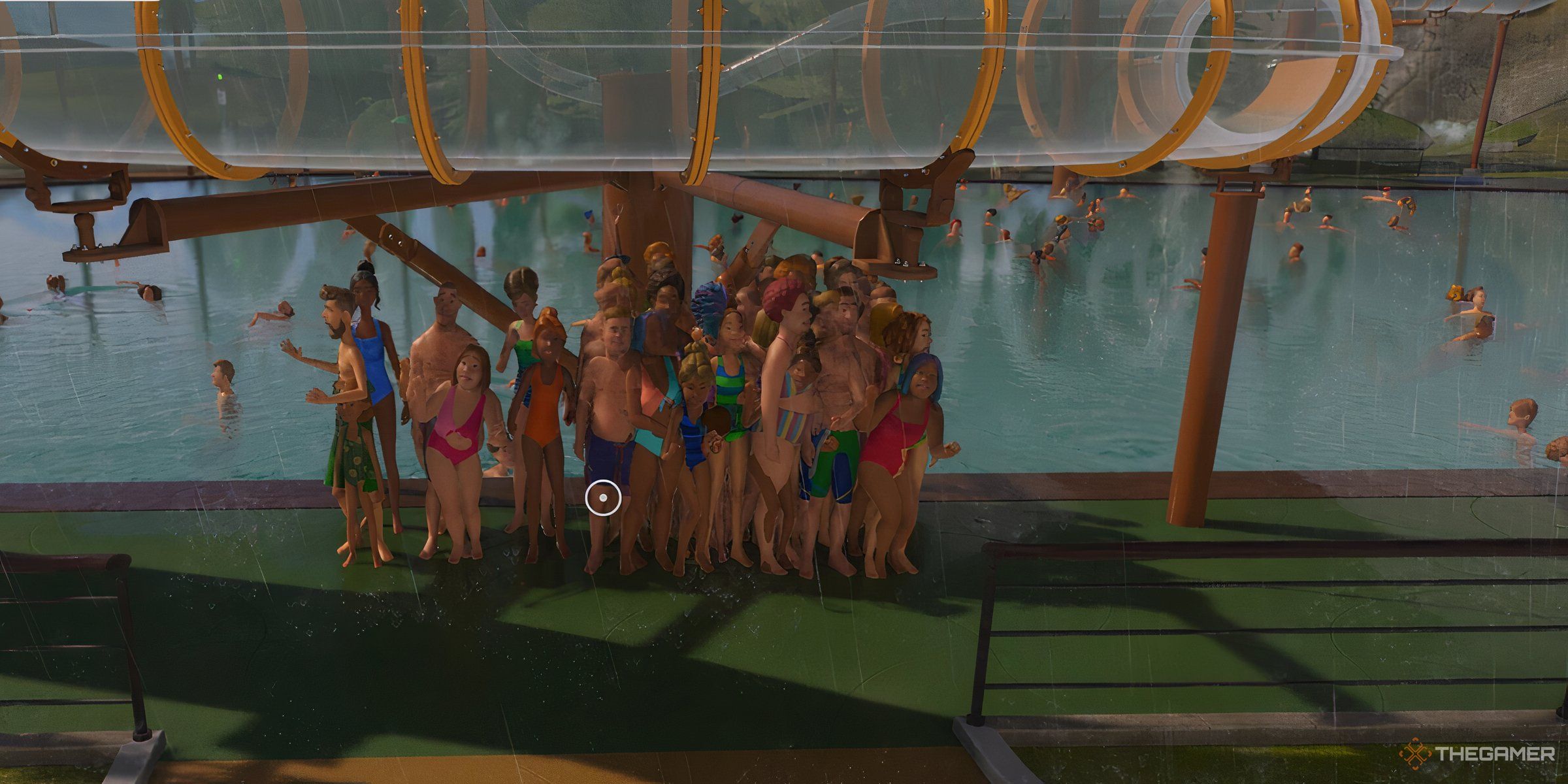 A group of people under a flume in Planet Coaster 2.